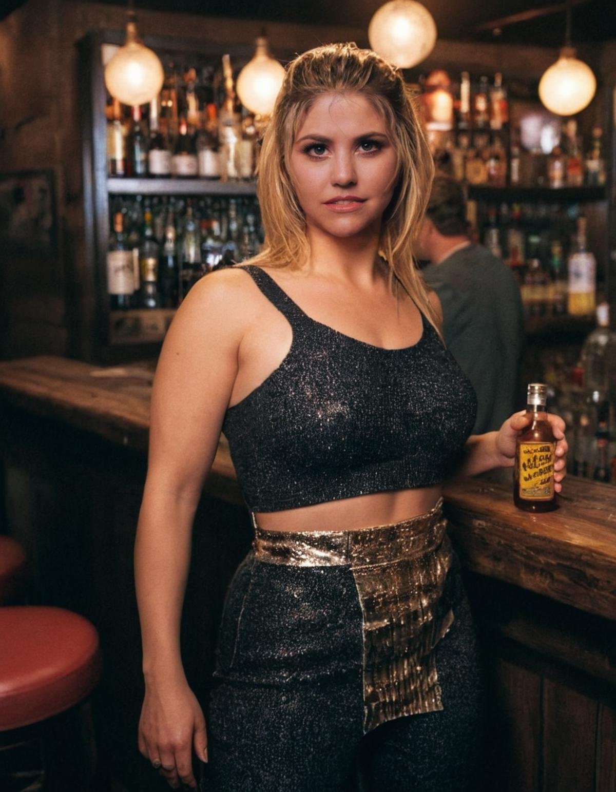 <lora:Beatrice_Egli_V7:1>, A full-body cinematic still of a brunette beatrice egli standing in the Titty Twister bar from the 1996 movie 'From Dusk Till Dawn.' She is holding a bottle of alcohol and looking directly into the camera with a confident expression. The image has a gritty, atmospheric feel with added film grain, capturing the dark, edgy ambiance of the bar scene from the movie  