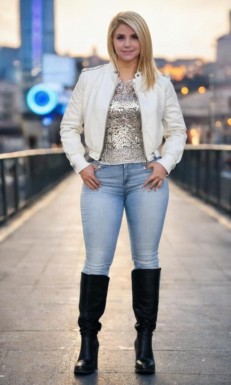 <lora:Beatrice_Egli_V7:1>, beatrice egli, woman, standing, full body, blonde hair, black boots, white leather jacket, jeans, denim, city, bokeh, extremely detailed, absurdres,