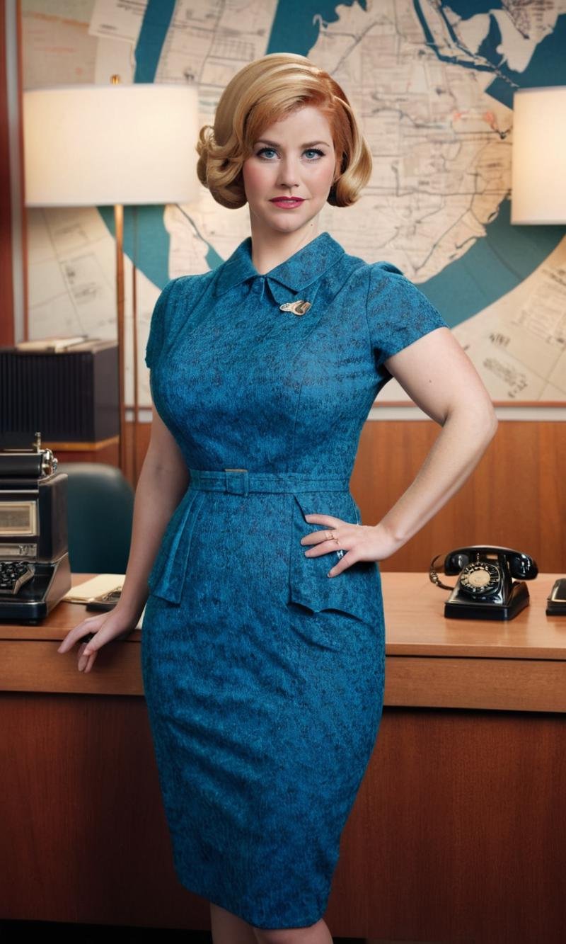 <lora:Beatrice_Egli_V7:1>, Generate a high-resolution, cinematic still frame inspired by the series "Mad Men," featuring Beatrice Egli as Joan Holloway. Beatrice is standing in a stylish 1960s office with mid-century modern decor. She has long blonde hair styled in a classic 1960s updo, and she is dressed in a form-fitting, vintage dress similar to Joan Holloway's iconic wardrobe. Her arms are crossed confidently, and she is looking directly into the camera with a poised and authoritative expression. The office background includes period-accurate details such as wooden desks, typewriters, rotary phones, and stylish lamps. The lighting is warm and ambient, casting soft shadows that enhance the sophisticated and professional atmosphere. Ensure intricate details such as the texture of her dress, the subtle highlights in her hair, and the authentic office elements to capture the essence and style of an original scene from "Mad Men."