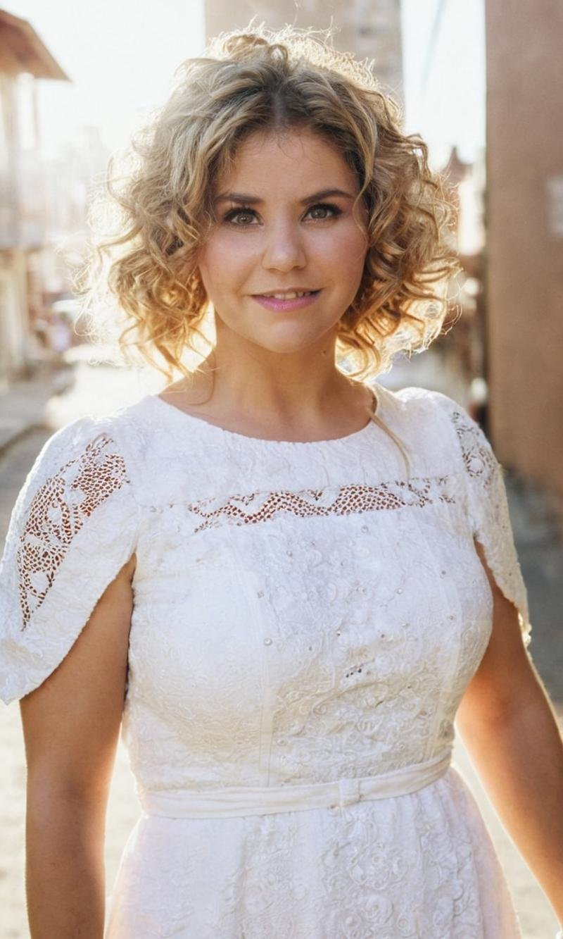 <lora:Beatrice_Egli_V7:1>, beatrice egli, woman, film_grain, movie_scene, mexican city, cowboy shot, looking at viewer, brown hair, curly hair, white_dress, sunlight,