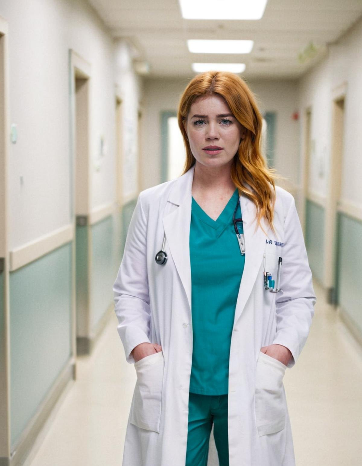 <lora:Palina_Rojinski_v5:1> (((Palina Rojinski))) as Dr. Meredith Grey from Grey's Anatomy, wearing surgical scrubs and a white lab coat, standing in a hospital corridor, with a serious and compassionate look