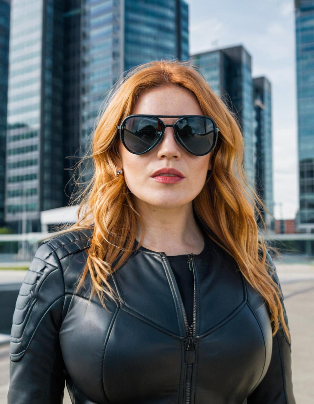 <lora:Palina_Rojinski_v5:1>  (((Palina Rojinski))) as Trinity, wearing her iconic black leather outfit and sunglasses, standing in a futuristic cityscape, with a powerful and resolute look