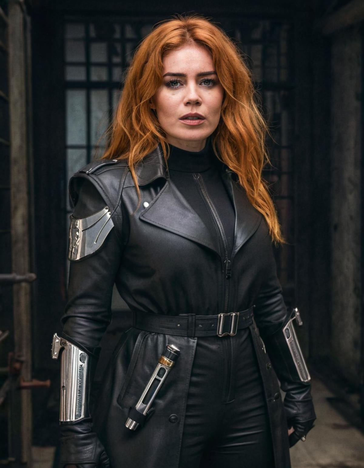 <lora:Palina_Rojinski_v5:1>  (((Palina Rojinski))) as Selene, dressed in a black leather bodysuit and trench coat, armed with silver guns, standing in a dark, gothic setting, with a fierce and determined expression