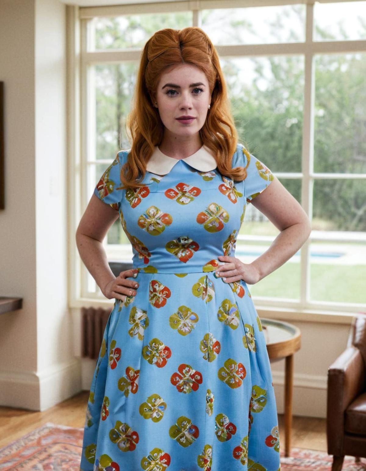 <lora:Palina_Rojinski_v5:1> (((Palina Rojinski))) as Betty Draper from Mad Men, wearing a classic 1960s dress, standing in a beautifully decorated suburban home, with a poised and reflective look