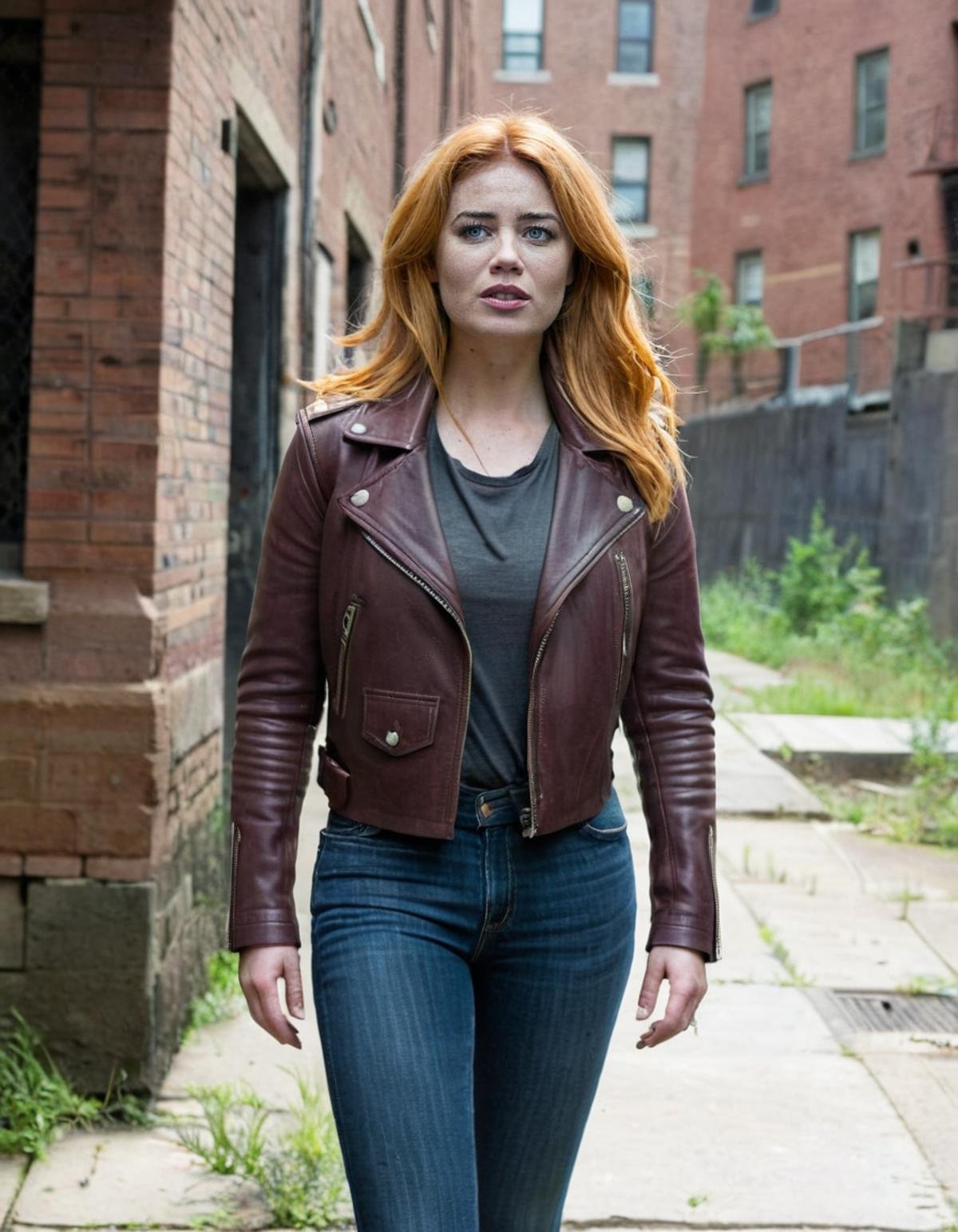 <lora:Palina_Rojinski_v5:1> (((Palina Rojinski))) as Jessica Jones from Jessica Jones, wearing a leather jacket and jeans, standing in a gritty urban alleyway, with a tough and guarded expression