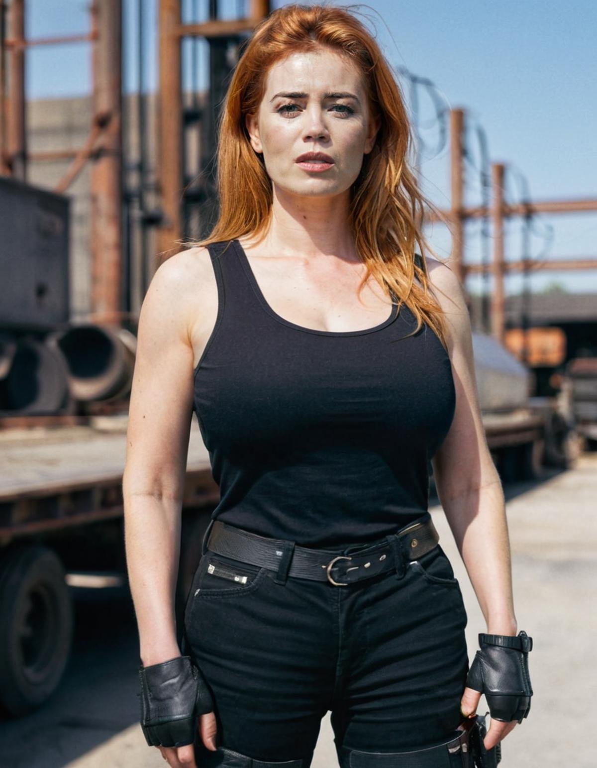 <lora:Palina_Rojinski_v5:1>  (((Palina Rojinski)))as Sarah Connor from Terminator 2, wearing a black tank top and cargo pants, standing in an industrial setting with a fierce and resolute expression