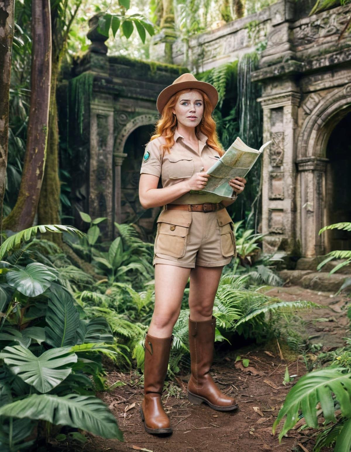 <lora:Palina_Rojinski_v5:1> (((Palina Rojinski))) as a daring archaeologist in a dense jungle, holding a map and a magnifying glass. She's dressed in a classic adventurer's outfit, with a hat and sturdy boots. The scene is vibrant and dynamic, with lush greenery and ancient ruins in the background. Make the scene lively with detailed foliage and the excitement of discovery.