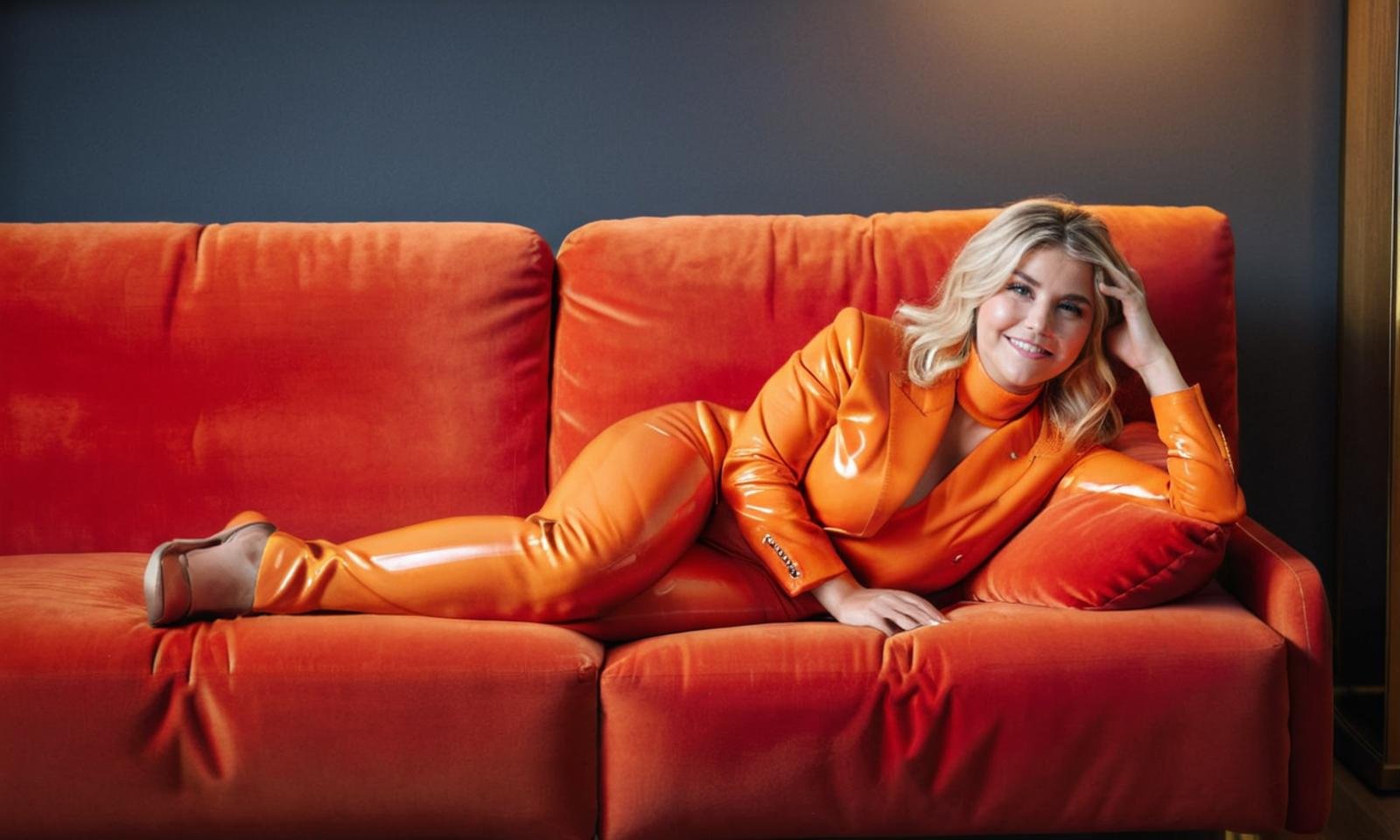 <lora:Beatrice_Egli_XL_Final-000007:0.85> A high-quality, professional full body portrait of Beatrice Egli lying on her side on a luxurious red couch. She is wearing an orange full body latex suit, which perfectly complements her stylish and sophisticated appearance. Her head is propped up on one hand, with her body elegantly stretched out along the couch. She gazes directly into the camera with a captivating and confident smile, exuding charm and poise. The background features a softly lit, elegant setting, enhancing the luxurious feel of the scene. The lighting highlights her features beautifully, creating a warm and inviting atmosphere. The overall image is sharp, vibrant, and meticulously detailed, ensuring a stunning and high-quality portrait.