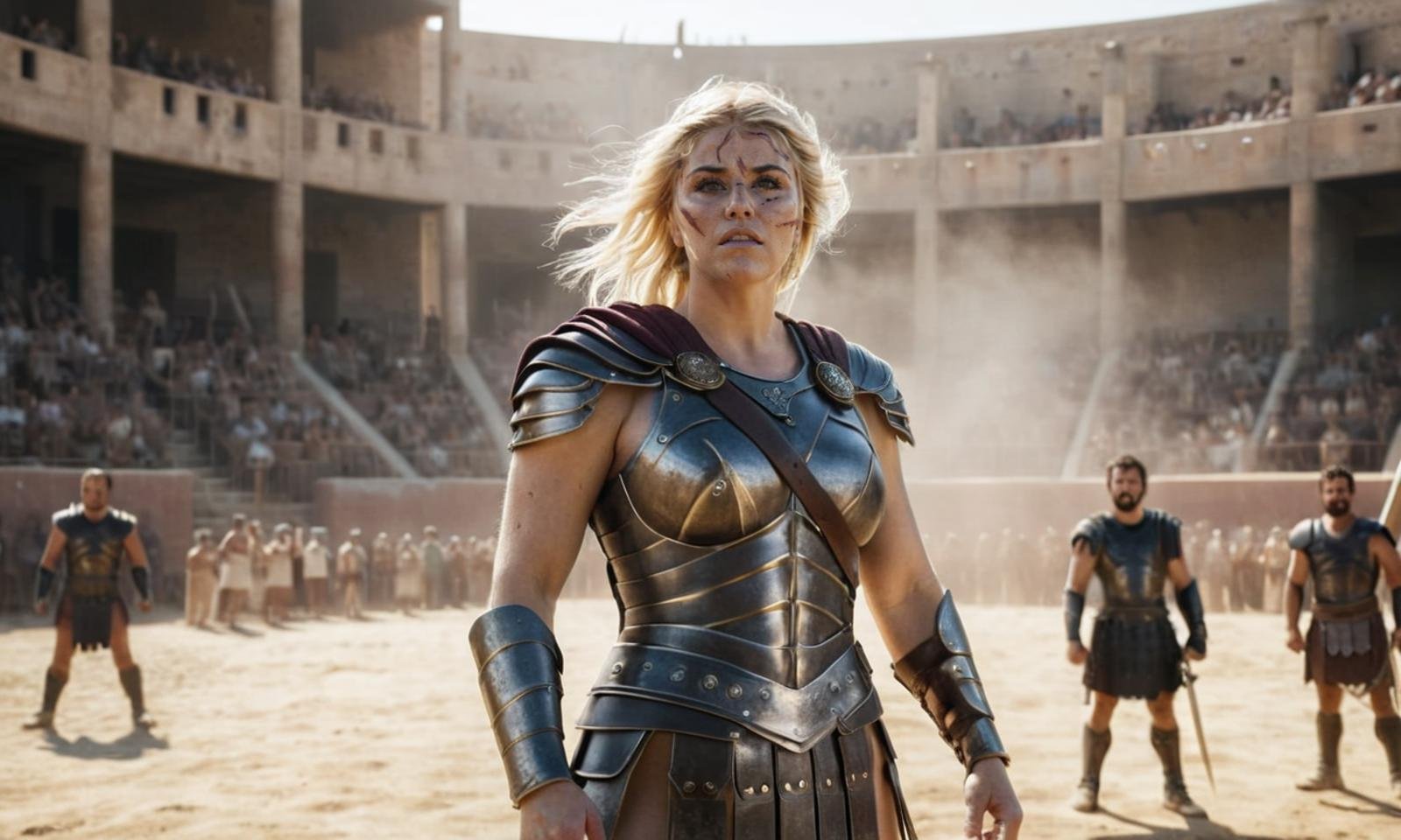 <lora:Beatrice_Egli_XL_Final-000007:0.9> A cinematic still frame of Beatrice Egli standing in a gladiator arena, poised and ready to fight. She is dressed in intricate gladiator armor, with a determined expression on her face. Behind her stand her loyal gladiator friends, equally ready for battle, all clad in similarly detailed armor. The arena is filled with swirling dust, with rays of sunlight breaking through, casting dramatic shadows and light across the scene. The stone walls of the arena and the cheering crowd in the background add to the intense atmosphere, making the image look like a scene from an epic movie.  