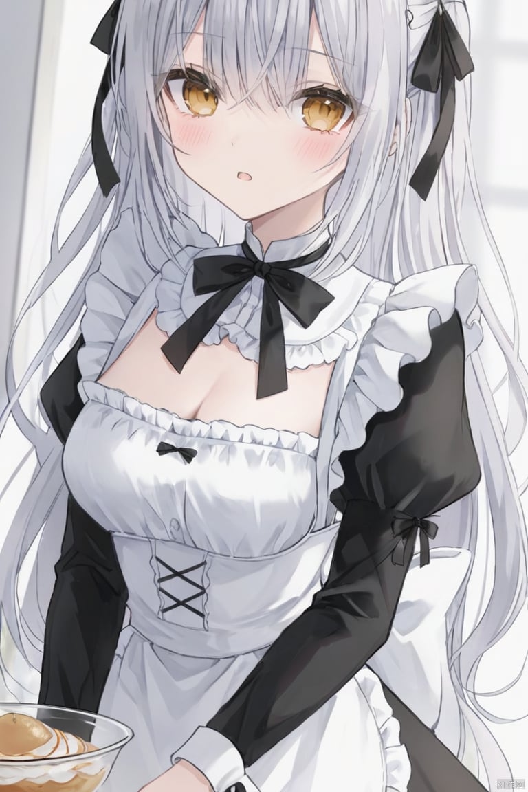 1girl, apron, bangs, black_bow, blush, bow, breasts, cleavage, eyebrows_visible_through_hair, frills, hair_between_eyes, hair_bow, hair_ornament, holding, long_hair, long_sleeves, looking_at_viewer, maid, medium_breasts, parted_lips, puffy_sleeves, ribbon, silver_hair, solo, upper_body, window,holding,eggbeater,basin