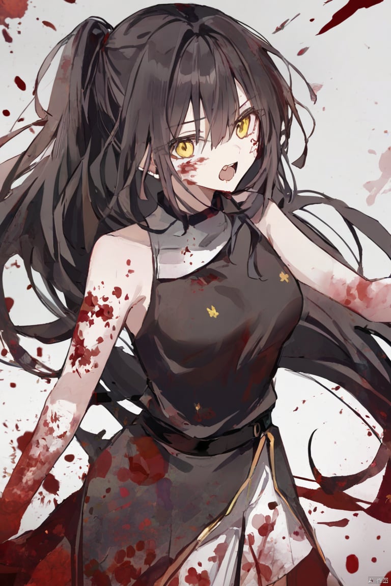 1girl,bare_shoulders,blood,blood_from_mouth,blood_on_clothes,blood_on_face,blood_on_hands,blood_splatter,blood_stain,breasts,bruise,cuts,injury,long_hair,open_mouth,solo,very_long_hair,yellow_eyes