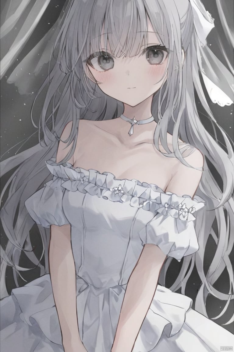 1girl,bare_shoulders,blush,bow,bridal_veil,collarbone,curtains,dress,eyebrows_visible_through_hair,frills,jewelry,long_hair,looking_at_viewer,off_shoulder,own_hands_together,solo,transparent,wedding_dress,white_bow,white_dress,white_theme