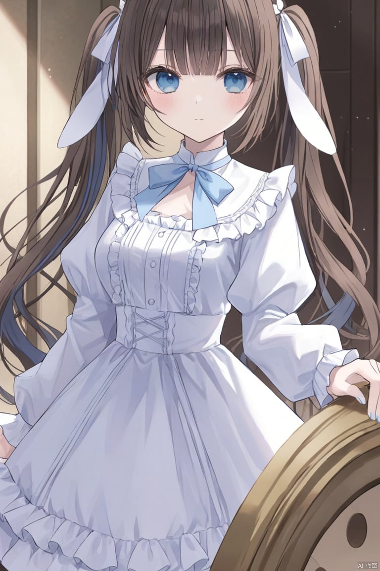 1girl, solo, long hair, breasts, looking at viewer, blush, bangs, blue eyes, brown hair, long sleeves, dress, bow, ribbon, animal ears, twintails, medium breasts, closed mouth, standing, hair ribbon, multicolored hair, frills, puffy sleeves, white dress, rabbit ears, capelet, frilled dress, blue ribbon, puffy long sleeves