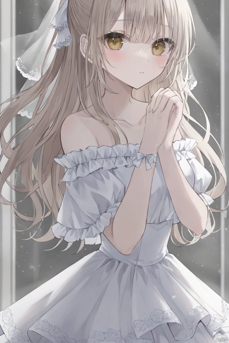 1girl,bare_shoulders,blush,bow,bridal_veil,collarbone,curtains,dress,eyebrows_visible_through_hair,frills,jewelry,long_hair,looking_at_viewer,off_shoulder,own_hands_together,solo,transparent,wedding_dress,white_bow,white_dress,white_theme