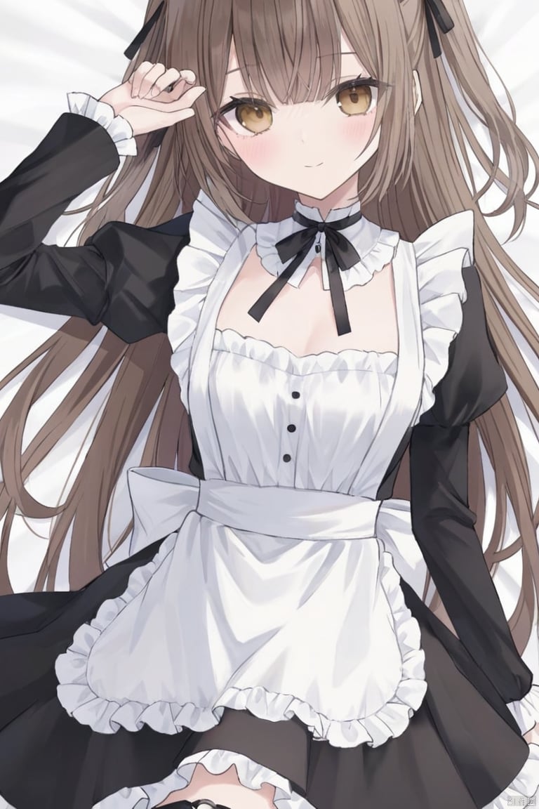 1girl, solo, long hair, breasts, looking at viewer, blush, smile, bangs, brown hair, long sleeves, dress, bow, ribbon, brown eyes, medium breasts, very long hair, closed mouth, hair ribbon, heart, lying, frills, puffy sleeves, hand up, on back, apron, black dress, two side up, maid, black ribbon, thigh strap, bed sheet, frilled dress, juliet sleeves, white apron, maid apron, frilled apron