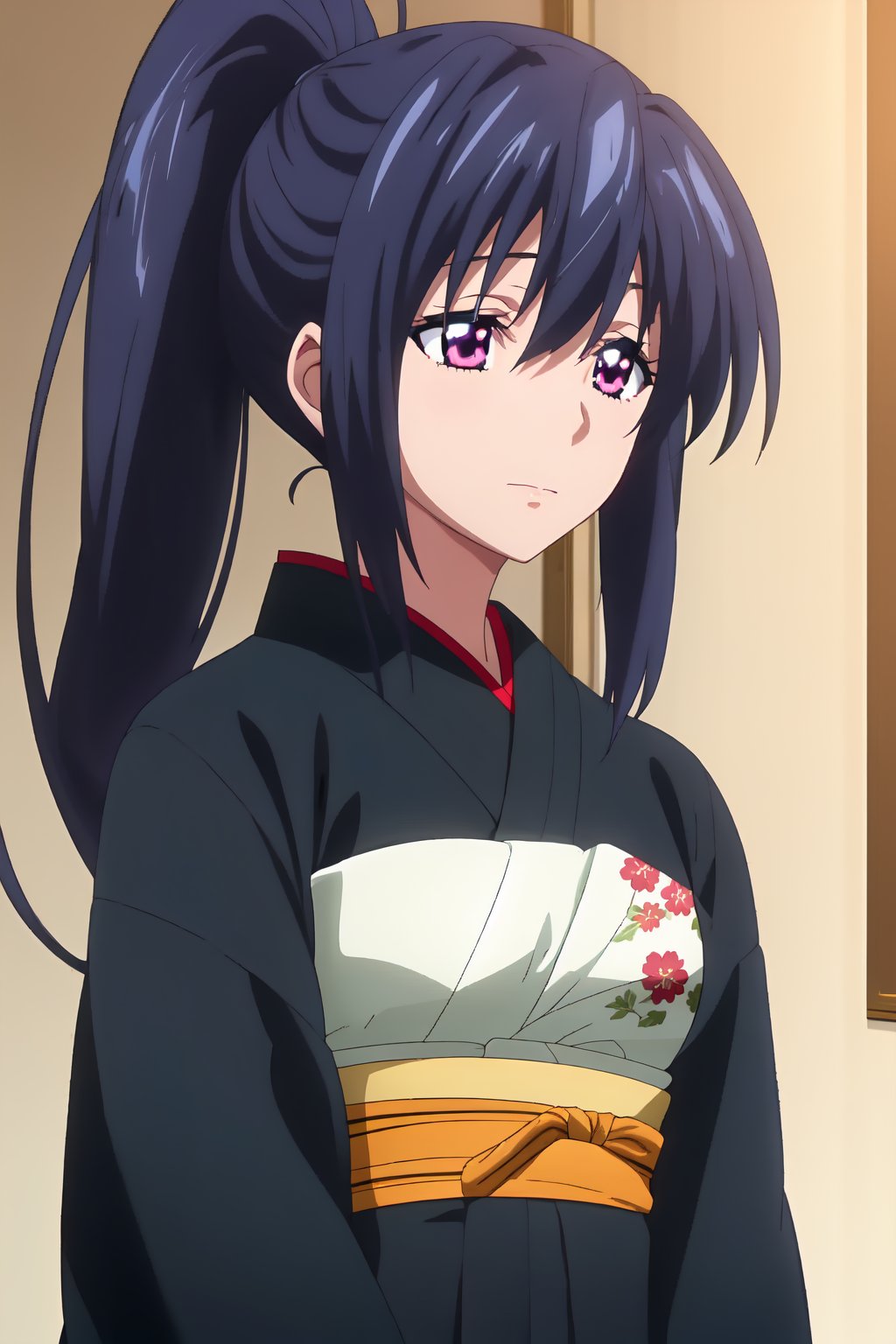 Akeno Himejima, (8k, HD), 1girl, solo, long hair, black hair, long sleeves, purple eyes, ponytail, japanese clothes, kimono, sash, mask, obi, oekaki, black kimono