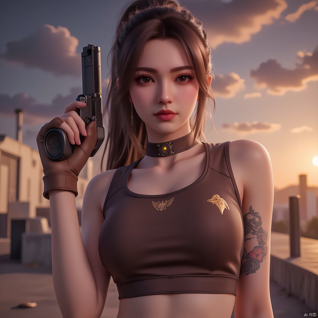 fingerless_gloves,cloud_tattoo,closed_mouth,1girl,absurdres,highres,solo,arm_tattoo,brown_gloves,holding_gun,jinx_\(league_of_legends\),twin_braids,smile,gradient_background,brown_shirt,bare_shoulders,hand_up,crop_top,highly detailed,ultra-high resolution,32K UHD,sharp focus,best-quality,masterpiece,Emotionalization,golden hour,unconventional supreme masterpiece,masterful details,temperate atmosphere,with a high-end texture,in the style of fashion photography,magazine cover,Dynamic Angle,Dynamic posture,