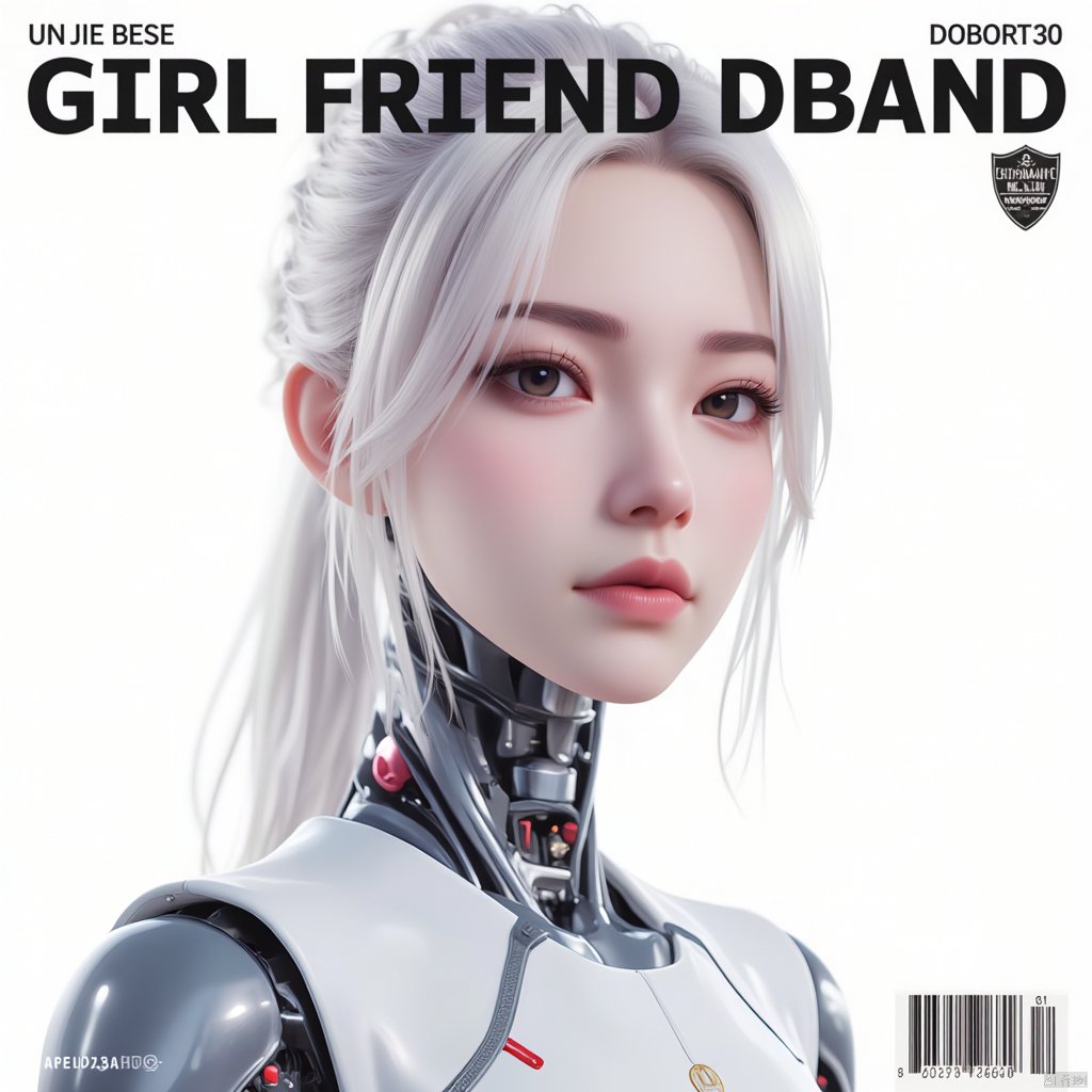 artist_name, dated, english_text, cover, cover_page, album_cover, barcode, magazine_cover, fake_cover, realistic future cyborg female portrait, mechanical parts, looking_at_viewer, simple_background, white background, huge future-style text "GIRL FRIEND" displayed, excellent word design, high resolution, best quality, highres,