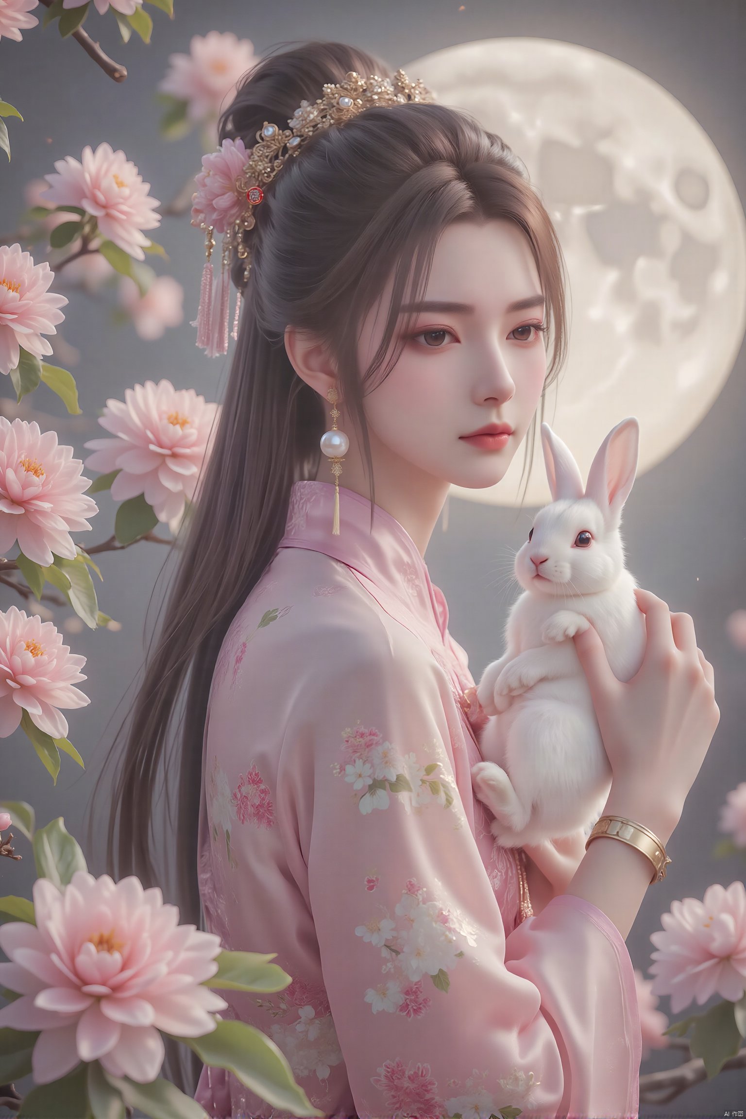 pearl \(gemstone\),wide sleeves,Traditional Chinese art style, elegant woman in Hanfu, Tang dynasty, intricate hair ornaments, holding a white rabbit, surrounded by blooming cherry blossoms, soft lighting, ethereal atmosphere, full moon in the background, delicate floral patterns on her robe, serene expression, cultural heritage, historical ambiance.,  