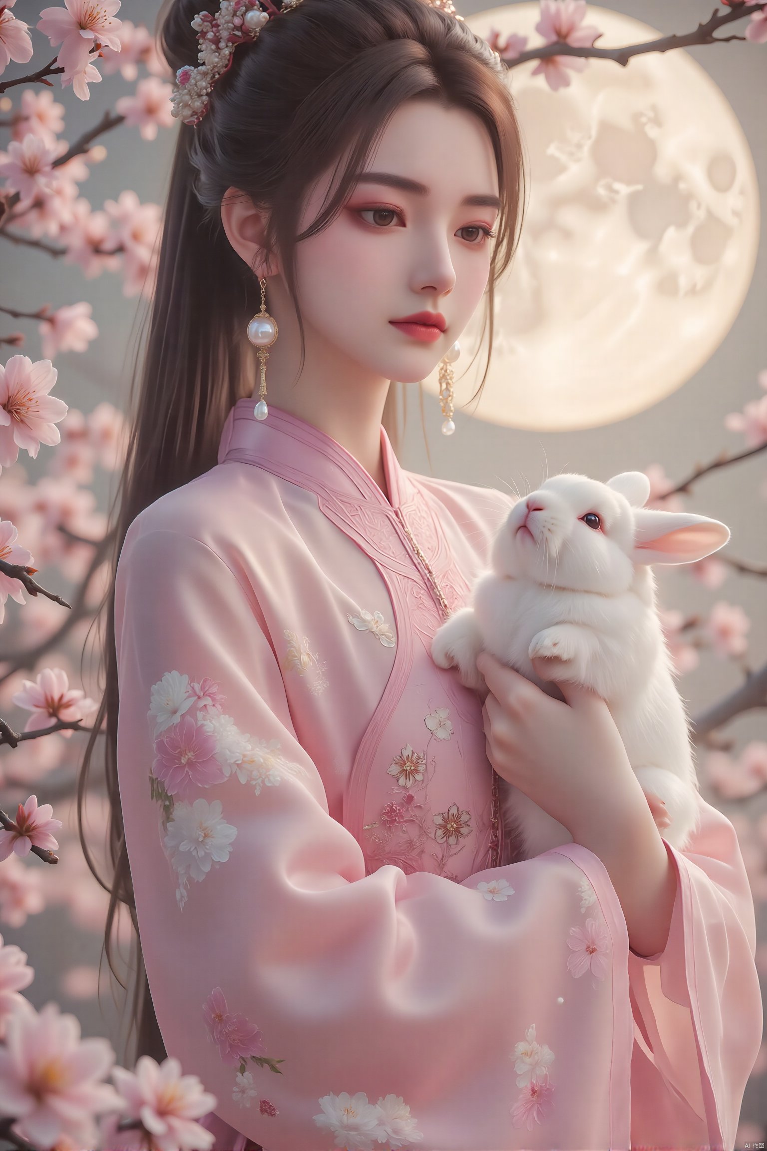 pearl \(gemstone\),wide sleeves,Traditional Chinese art style, elegant woman in Hanfu, Tang dynasty, intricate hair ornaments, holding a white rabbit, surrounded by blooming cherry blossoms, soft lighting, ethereal atmosphere, full moon in the background, delicate floral patterns on her robe, serene expression, cultural heritage, historical ambiance.,  