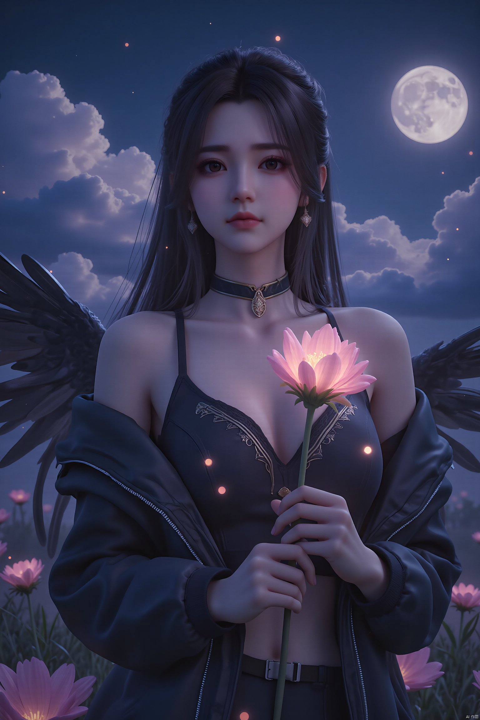 {{masterpiece}},{best quality},{solo},highres,extremely detailed CG wallpaper,extremely detailed figure,Amazing,one girl {inside the church and grasses} with very long black hair and hold a {luminous} flower in hands,night with bright colorful lights whith richly layered clouds and clouded moon in the detailed sky,{many} glowing black {feathers},extremely detailed eyes,finely detail,detailed face,a lot of glowing particles,{crying} and smile,{black wing},Depth of field,perspective,{sacred feeling},Cleavage, exposed shoulder