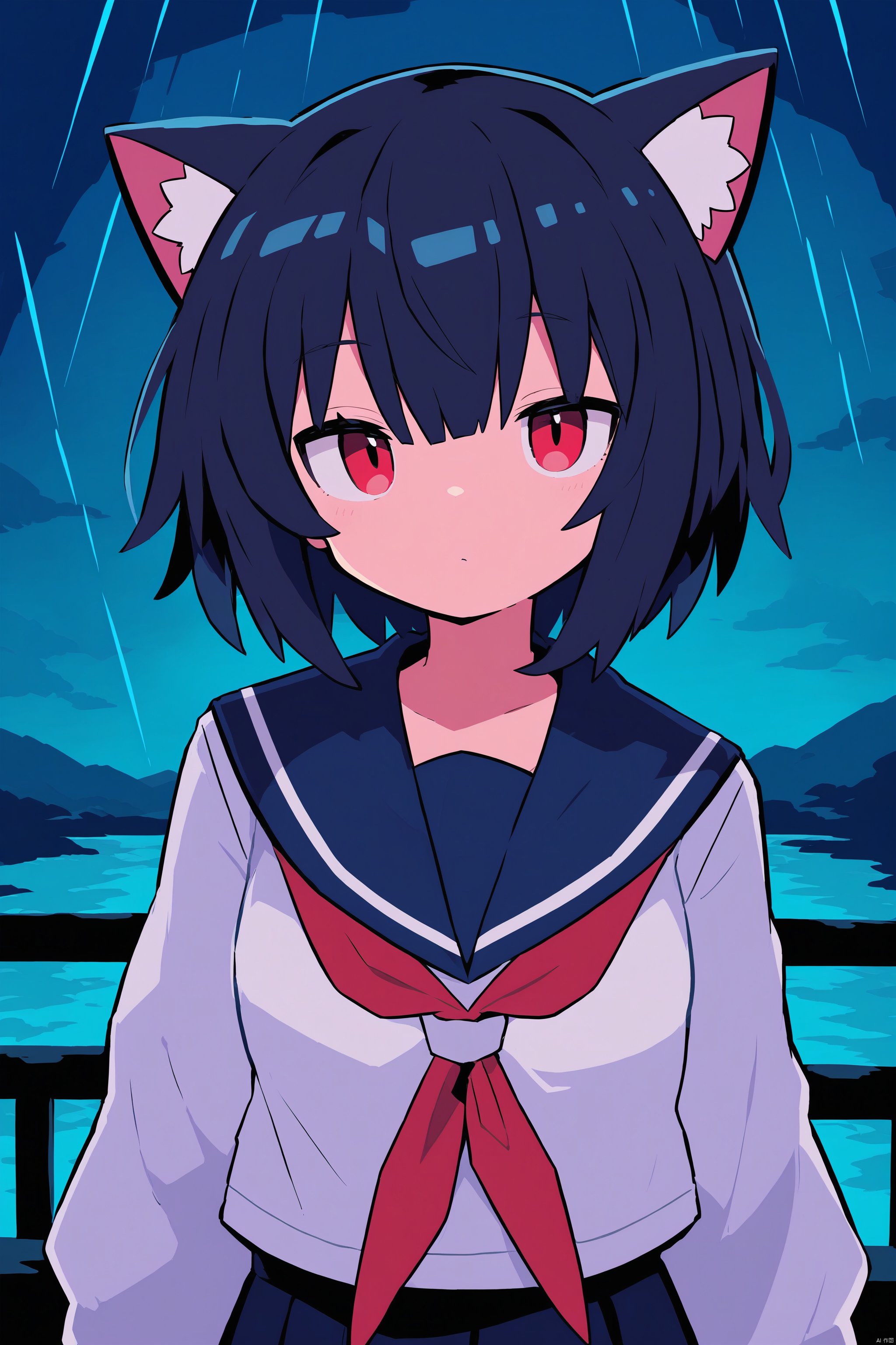 animal_ears, 1girl, black_hair, sailor_collar, solo, short_hair, cat_ears, school_uniform, serafuku, black_sailor_collar, upper_body, rain, shirt, white_shirt, long_sleeves, night, closed_mouth, scenery, bangs