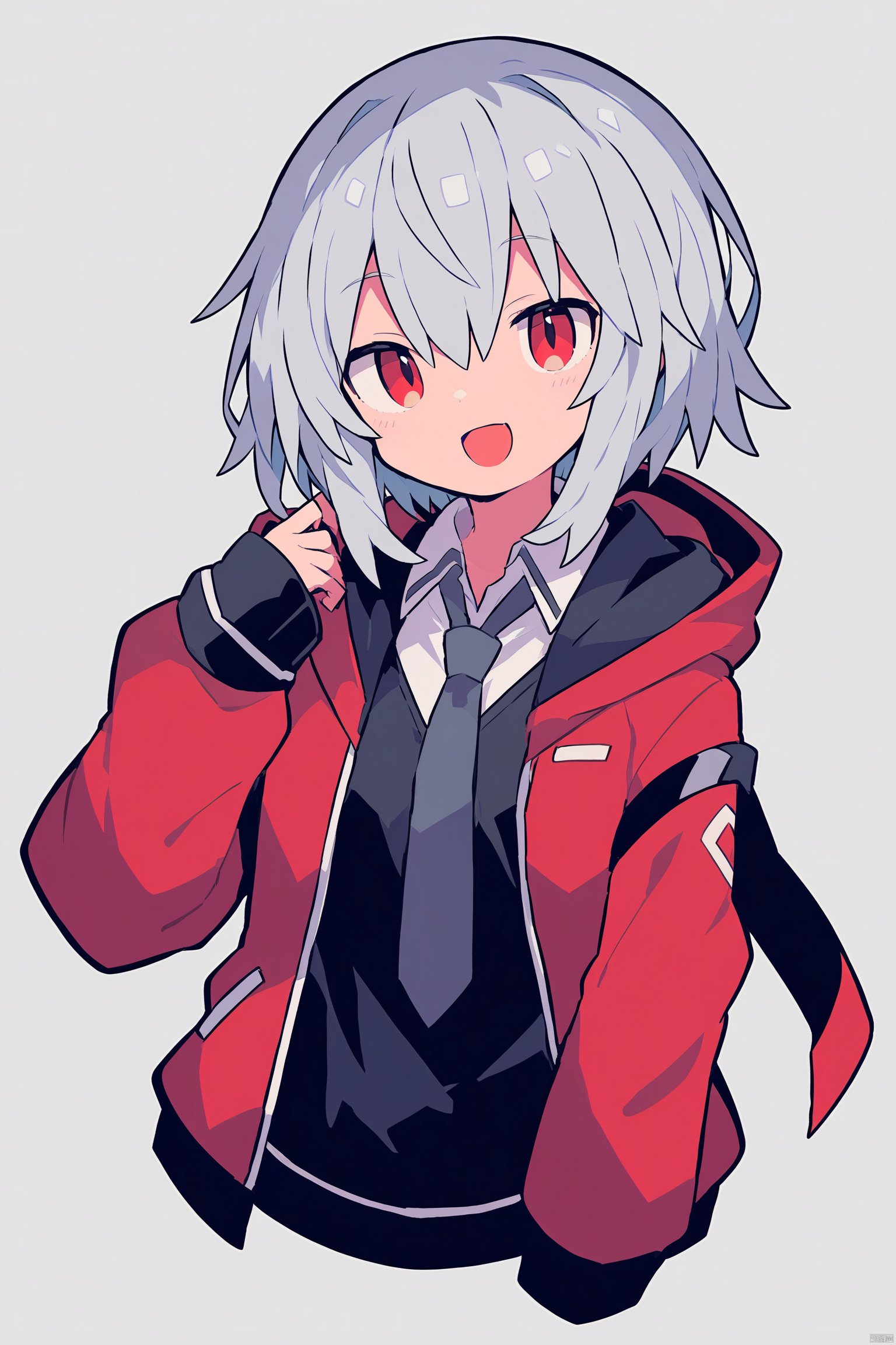 1girl, solo, red eyes, necktie, looking at viewer, shirt, jacket, white necktie, red jacket, upper body, grey hair, hood, open clothes, long sleeves, black shirt, hair between eyes, bangs, open jacket, collared shirt, open mouth, smile, parted lips, hooded jacket, grey background, hood down, sleeves past wrists, short hair, wing collar, cropped torso