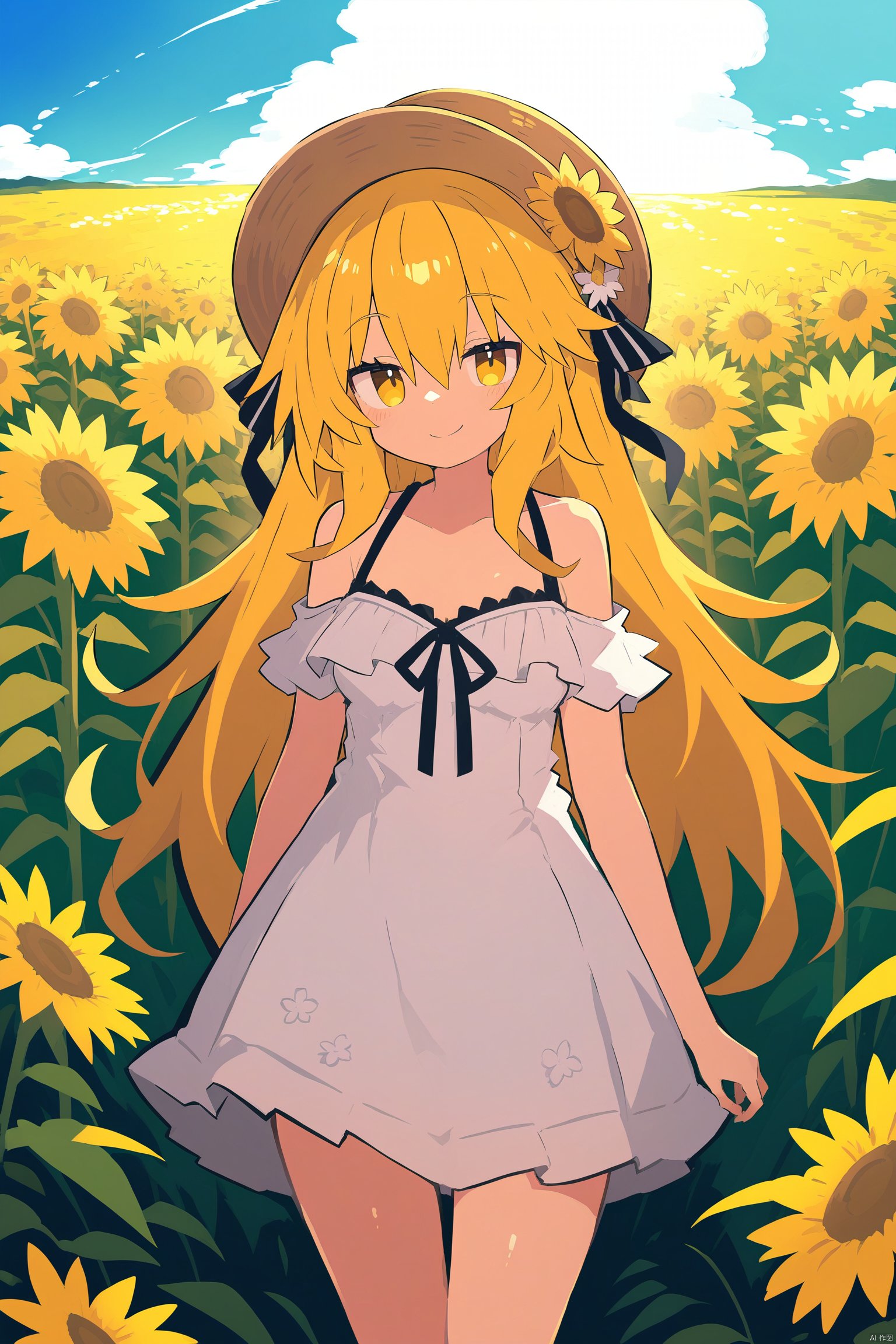 Two-dimensional anime style, a girl with long black straight hair and big shiny eyes, wearing an off-shoulder ruffled white dress, ribbons, bows, and a straw hat with floral ornaments, showing a sly smile, leaning her body slightly, four Fifteen degrees side view. The scene is in the sunflower field, the sun is shining brightly