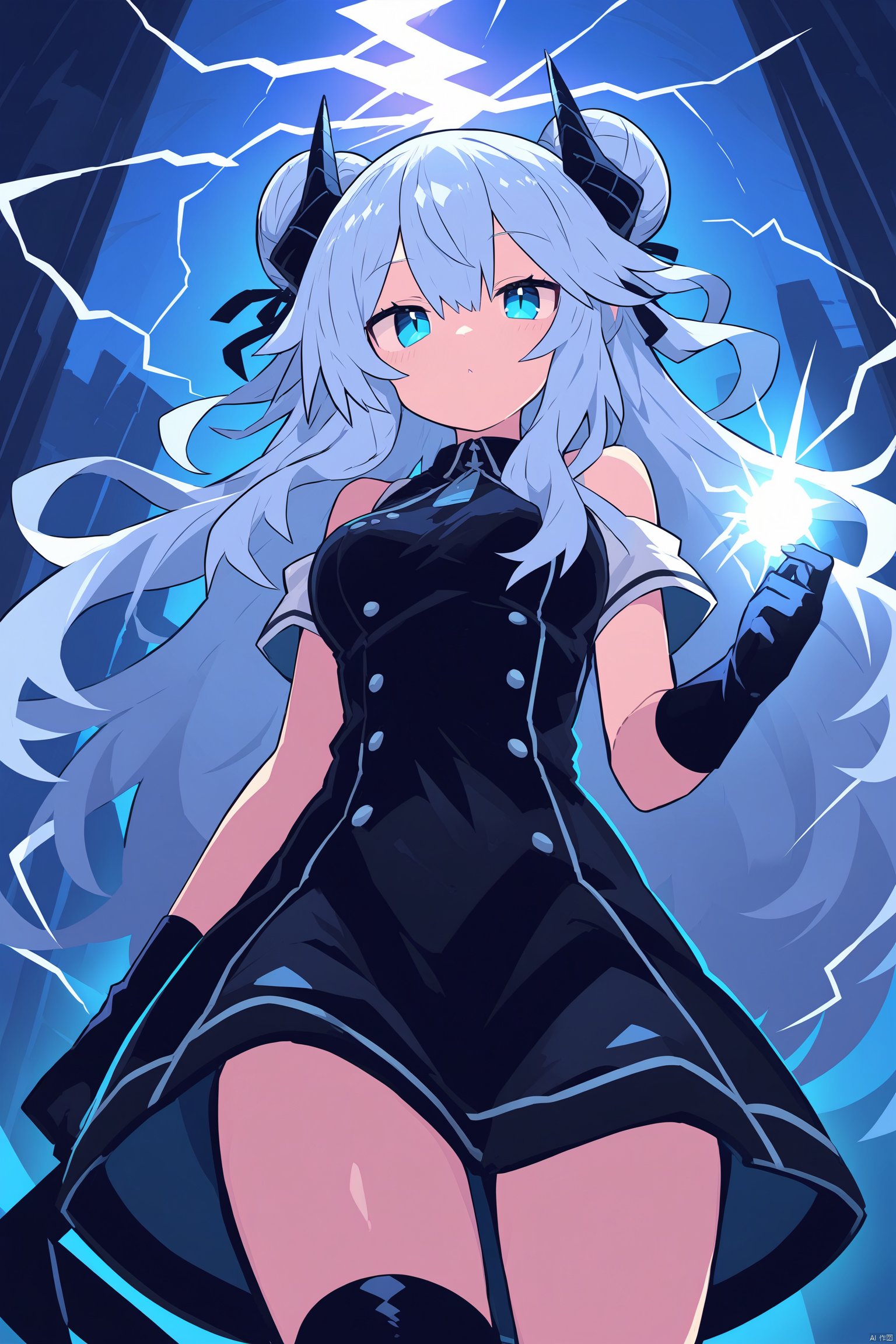 1girl, blue_eyes, double_bun, dress, elbow_gloves, electricity, gloves, hair_between_eyes, horns, lightning, long_hair, nail_polish, solo