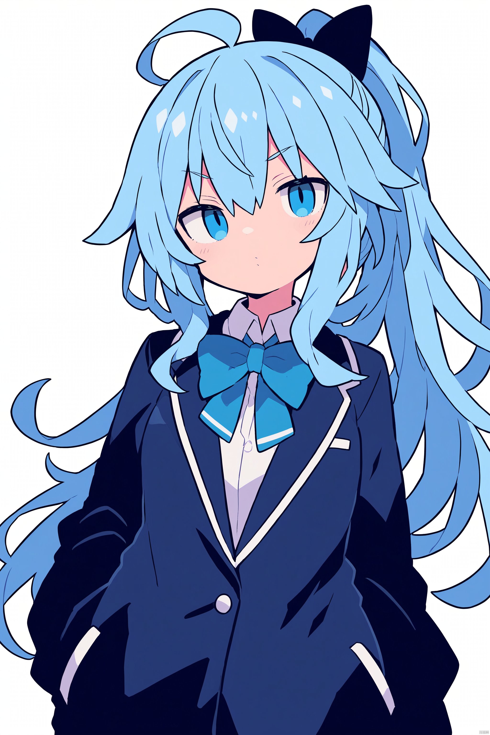 1girl, solo, long hair, looking at viewer, blush, bangs, blue eyes, simple background, shirt, long sleeves, white background, bow, closed mouth, blue hair, jacket, monochrome, upper body, ponytail, ahoge, collared shirt, bowtie, open jacket, v-shaped eyebrows, blue bow, blue jacket, blue theme, hands in pockets