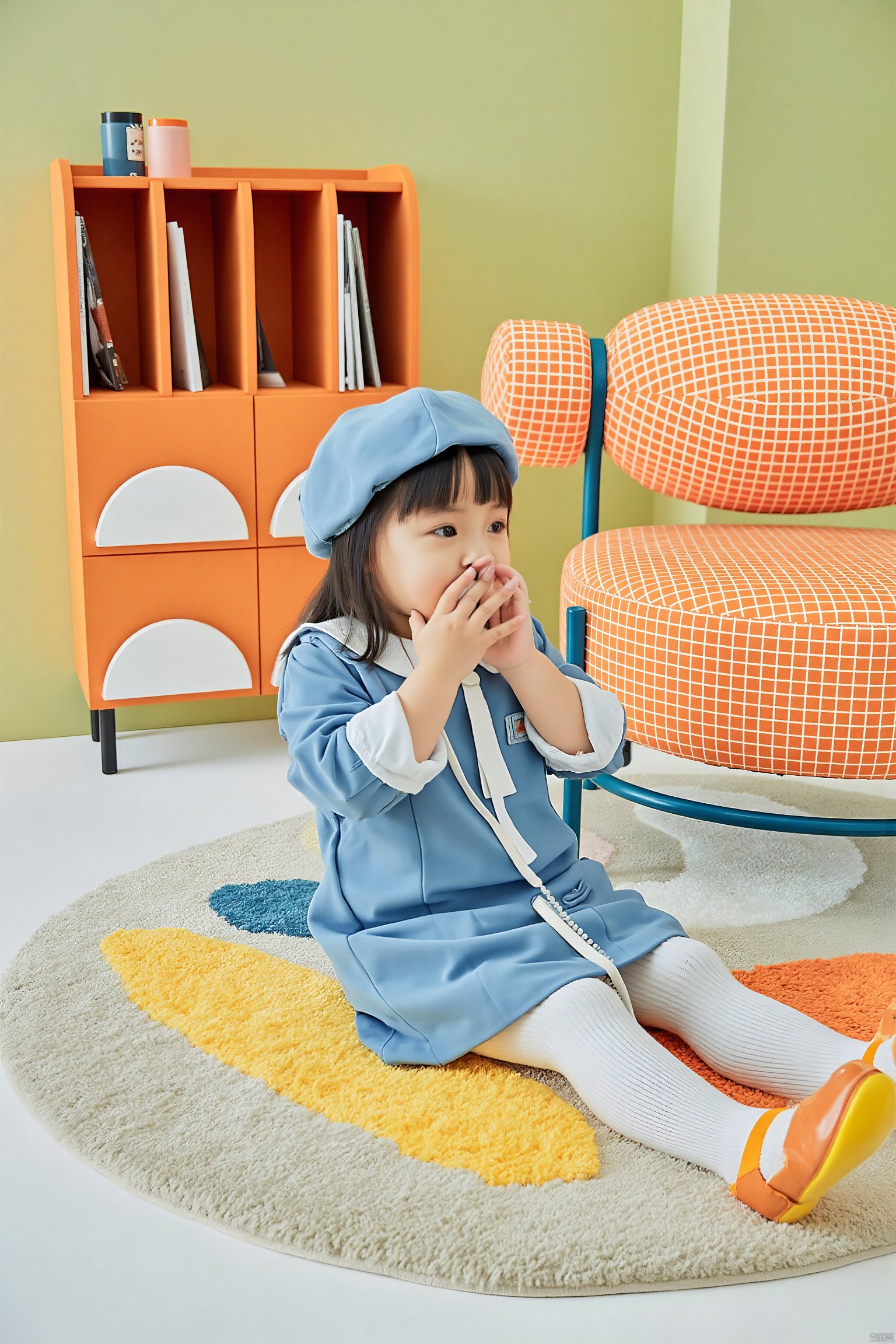 Photograph, young girl in a blue school uniform with a blue cap and white socks, sitting on a colorful rug, holding a phone to her mouth, green wall background, orange bookshelf with books and cups, checkered armchair with orange and blue fabric, playful and cheerful atmosphere.