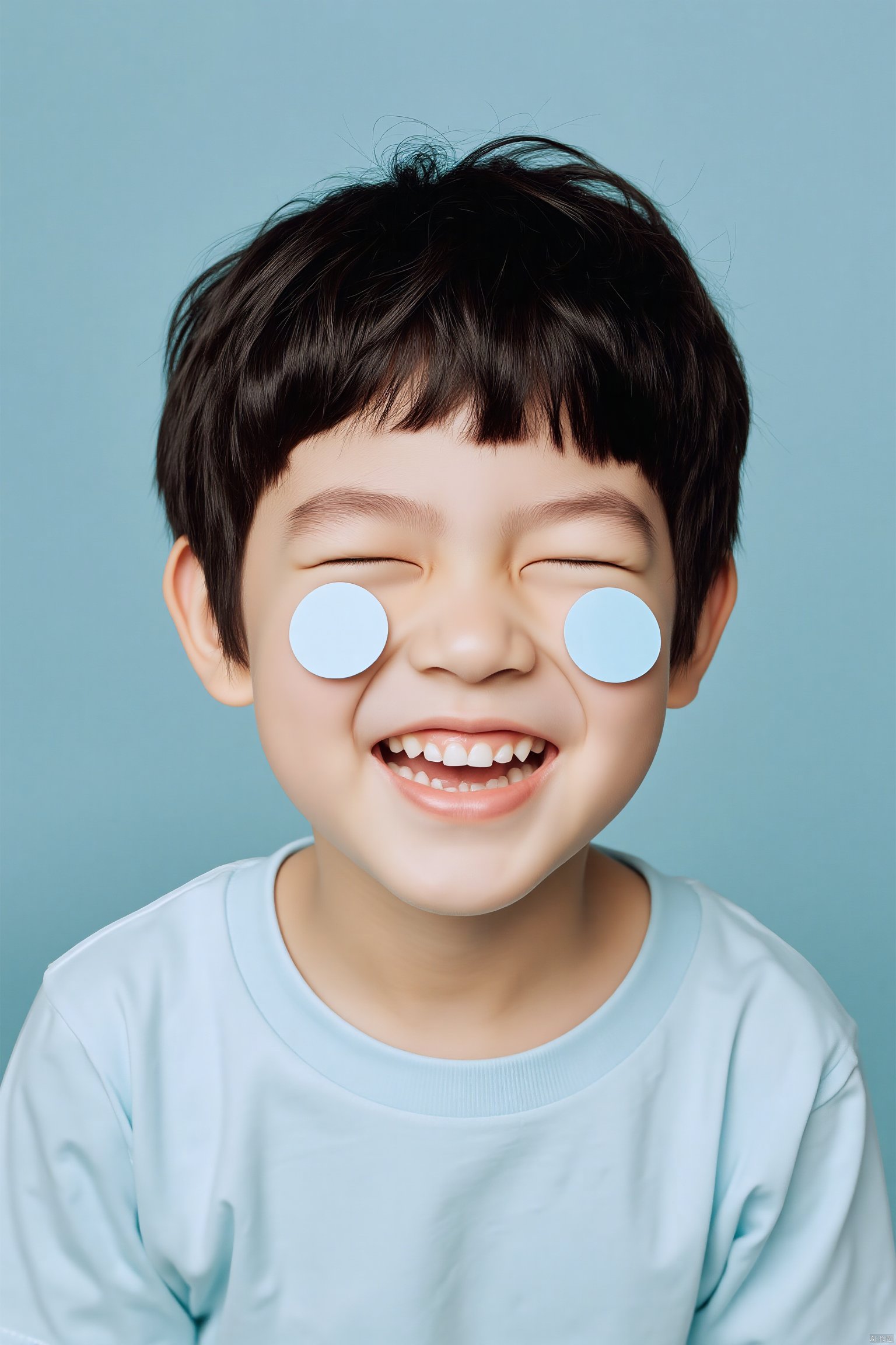 Photograph, young boy with short dark hair, wearing a light blue t-shirt, smiling with eyes closed, two white circles on his cheeks, soft blue background, playful and cheerful expression, natural light, playful mood.