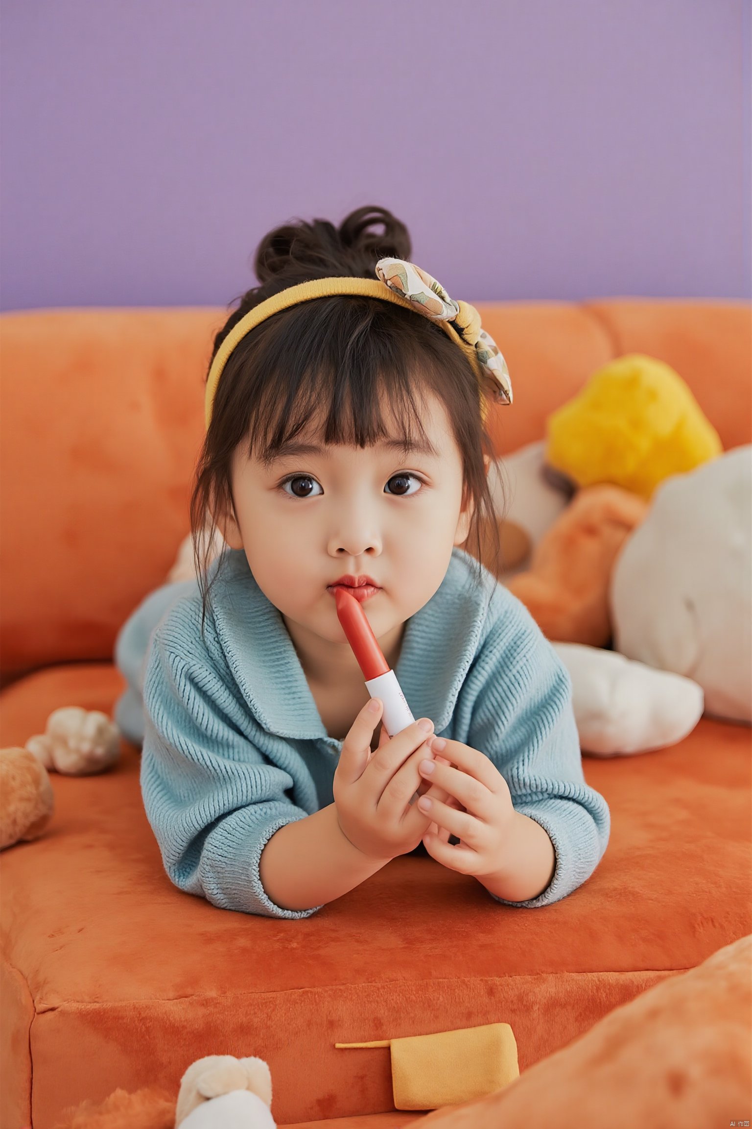 Photograph, young child lying on an orange couch, wearing a blue sweater and a yellow headband with a bow, holding a red lipstick to her lips, purple wall in the background, soft toys scattered around, cozy and playful atmosphere.