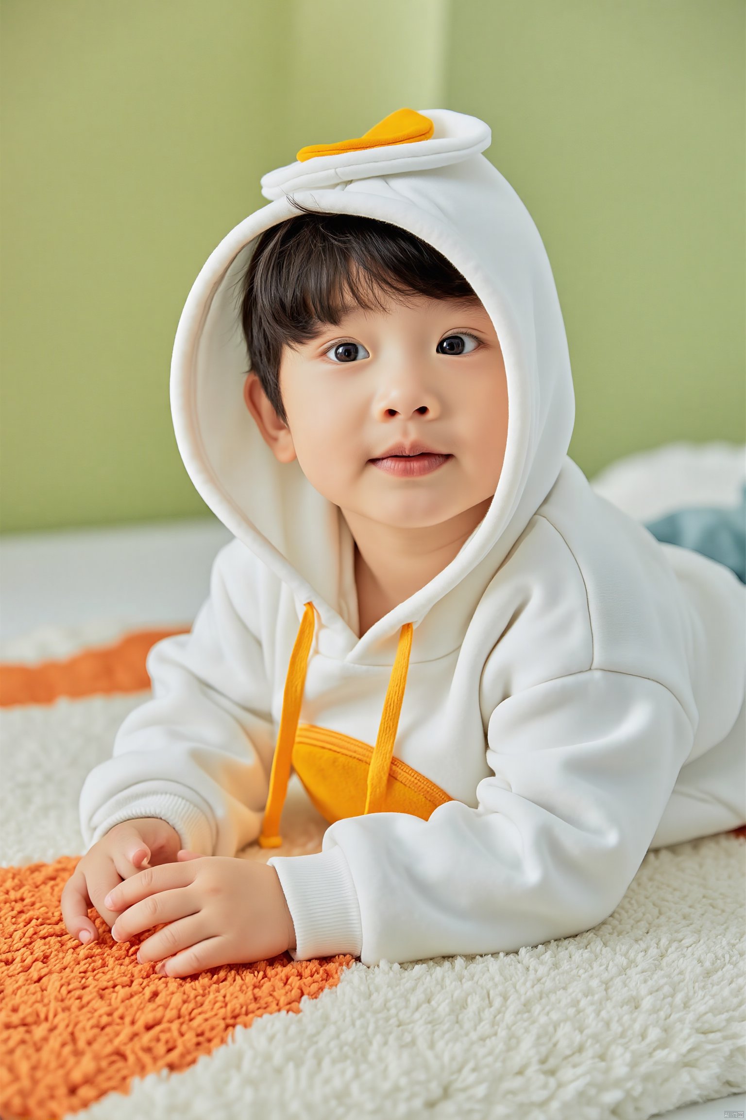 Photograph, baby in a white hoodie with a yellow duck hat, lying on an orange and white blanket, soft green background, curious expression, natural light, playful and playful mood.