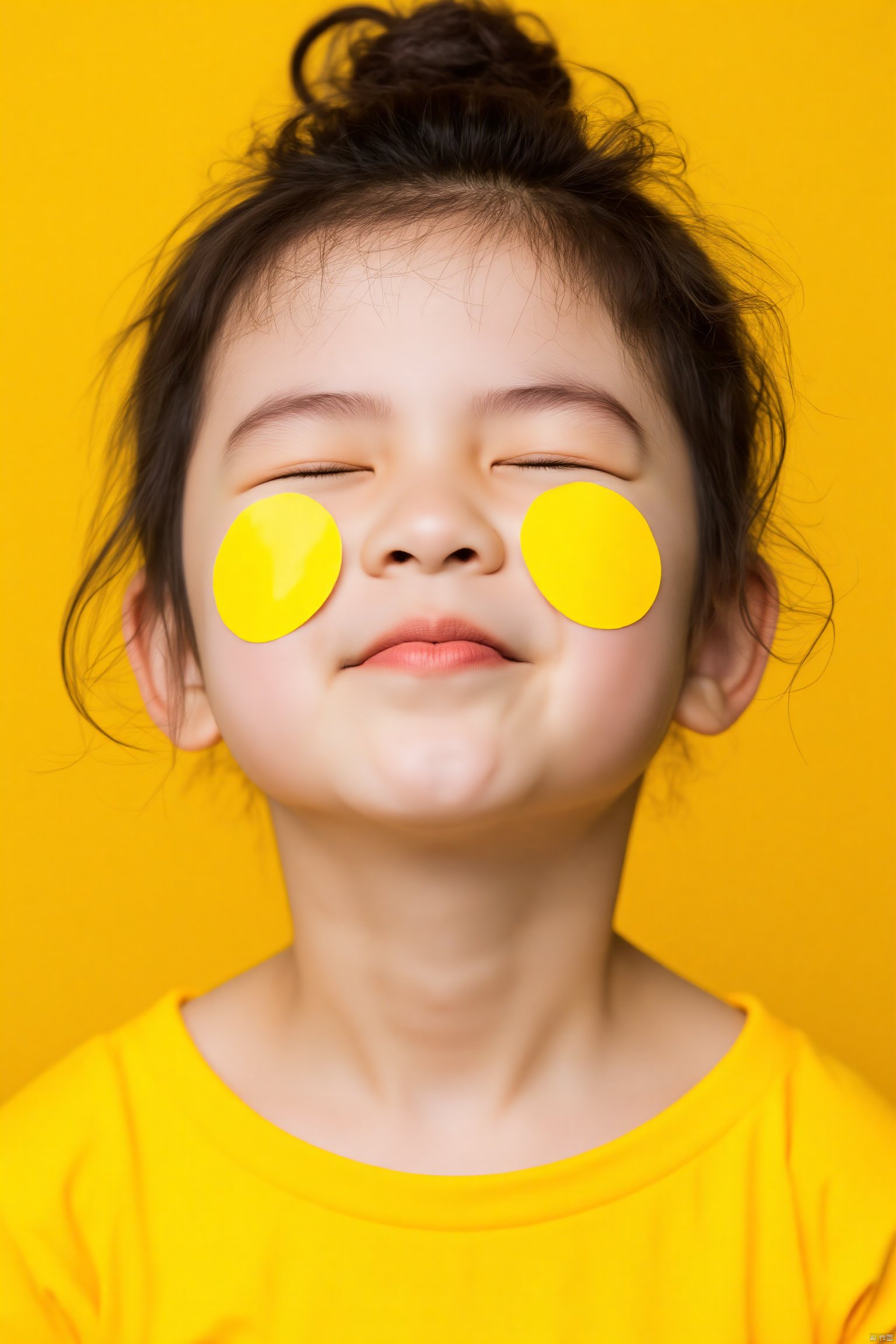 Photograph, close-up of a young woman with loose hair, wearing a bright yellow top, yellow background, neutral expression, eyes closed, two yellow circles on her face, loose hair in a messy bun, soft lighting, playful and serene mood.