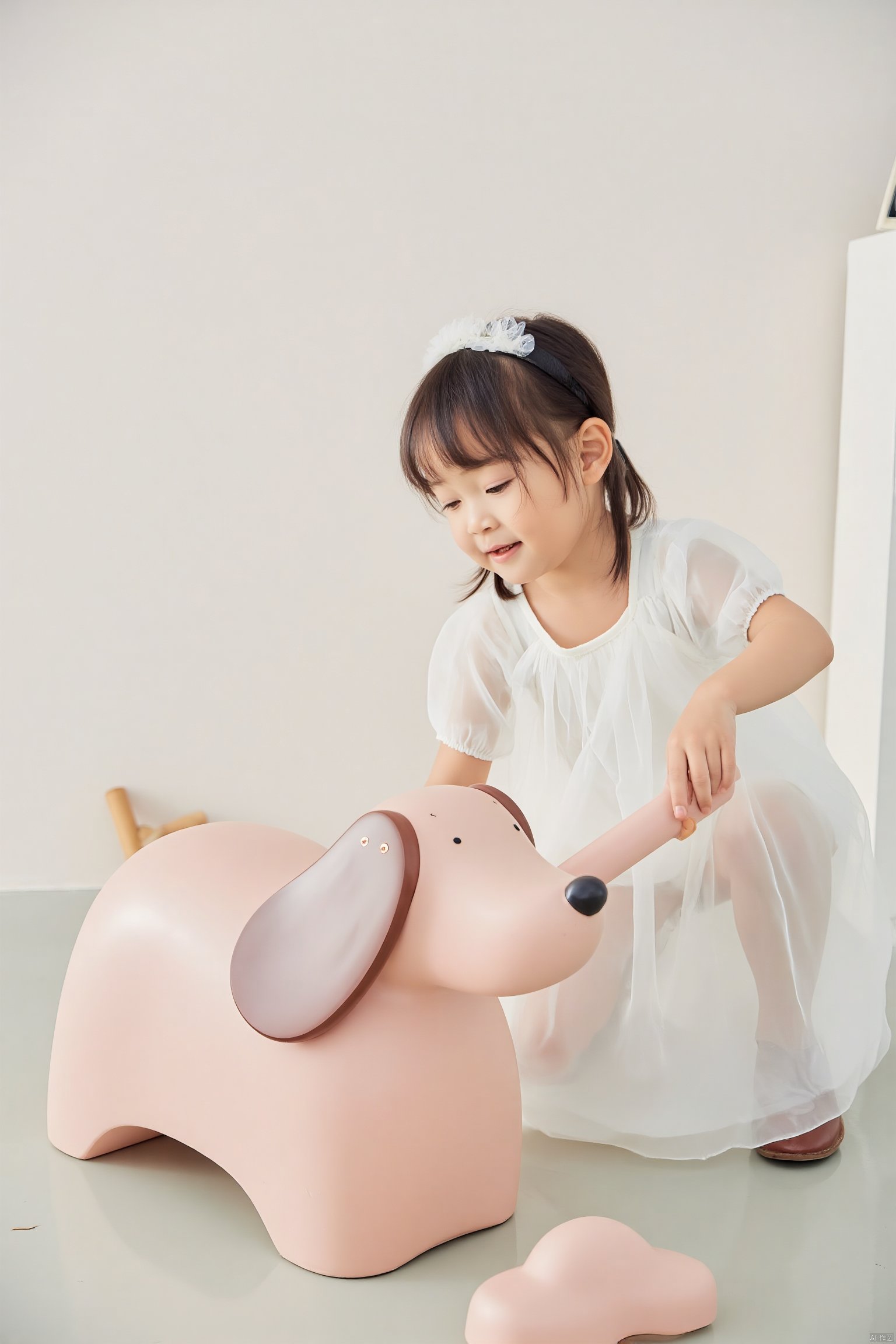 Photograph, young girl in a white dress, sitting on the floor, playing with a pink plastic dog toy, soft lighting, neutral background, delicate hairpiece, serene expression, indoor setting, casual and playful atmosphere.