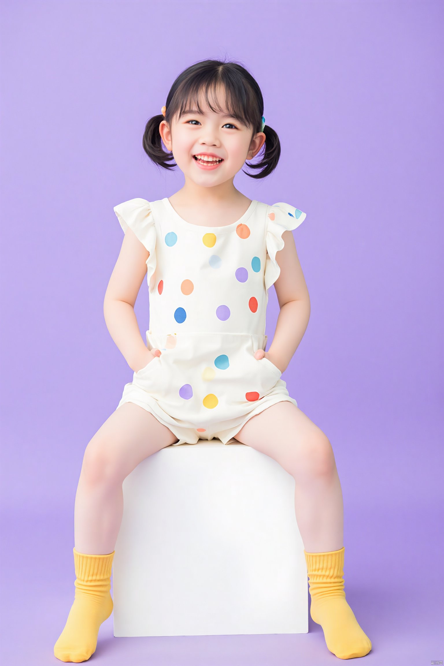 Photograph, young woman with dark hair in pigtails, wearing a white dress with colorful polka dots, sitting on a white cube, purple background, playful expression, yellow socks, hands in pockets, bright and cheerful atmosphere.