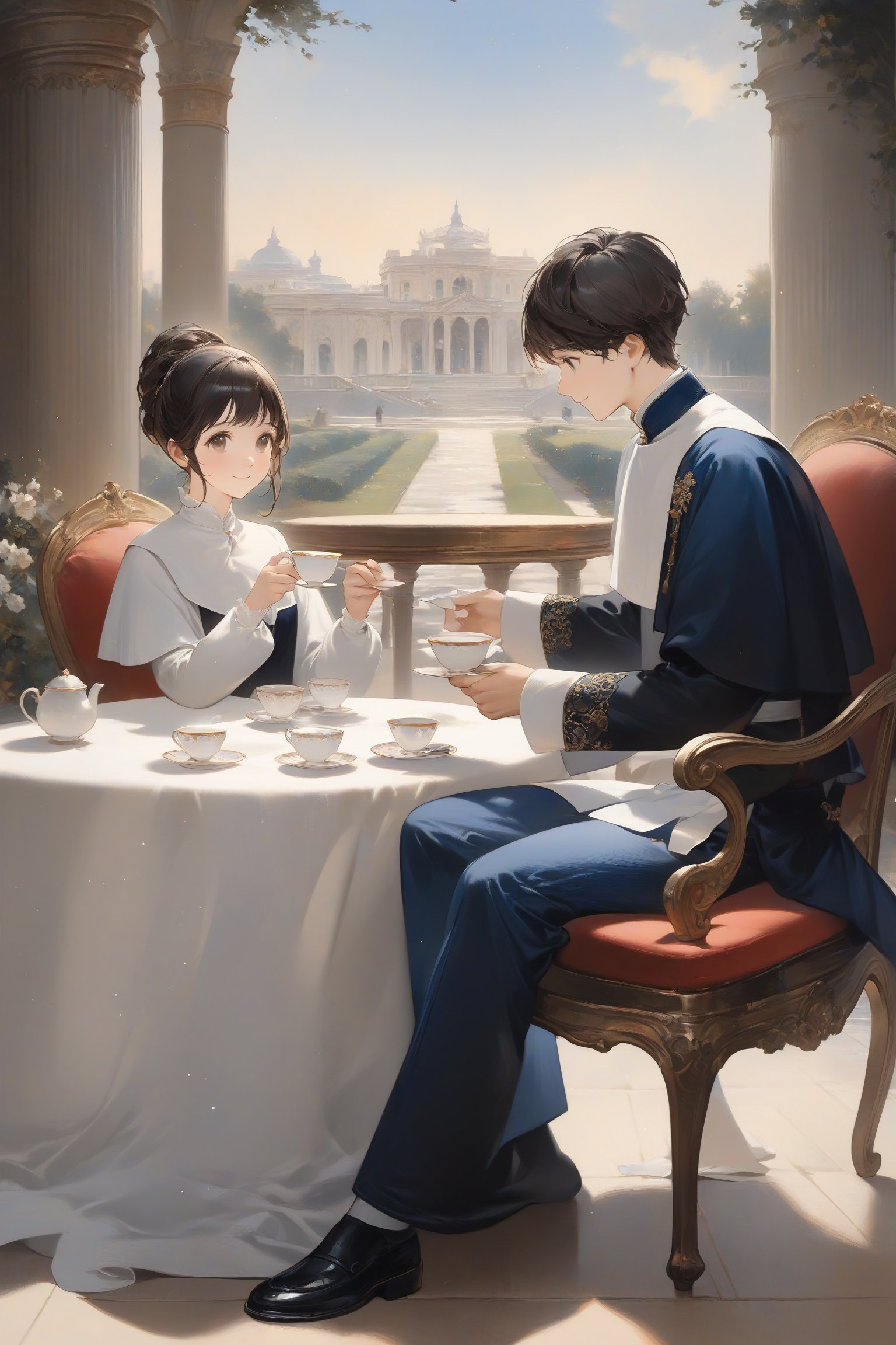 1girl,1boy, they are having tea, fine art parody, oil painting style, masterpiece quality, looking at viewer, smiling, upper body, white aristocrat outfit, full body, sitting in chair, table, teacup, palace's garden in background, close up, stunning image, light particles.