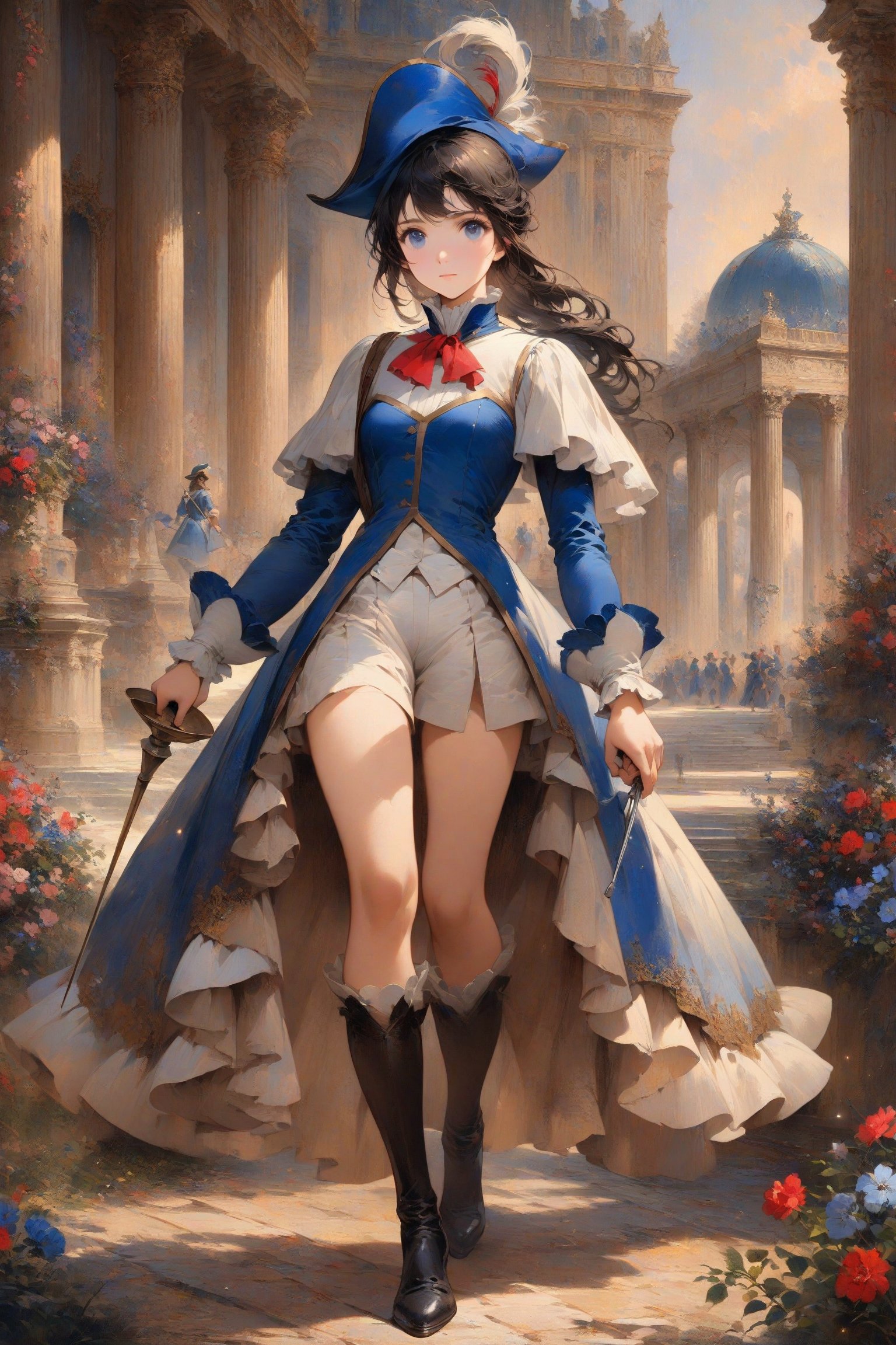 1girl, musketeer uniform, holding rapier, aesthetics of the french revolution, aggressive body language, fine art parody, black hair, blue eyes, oil painting style, masterpiece quality, full body, palace's garden in background, looking at viewer, close up, stunning image, light particles.