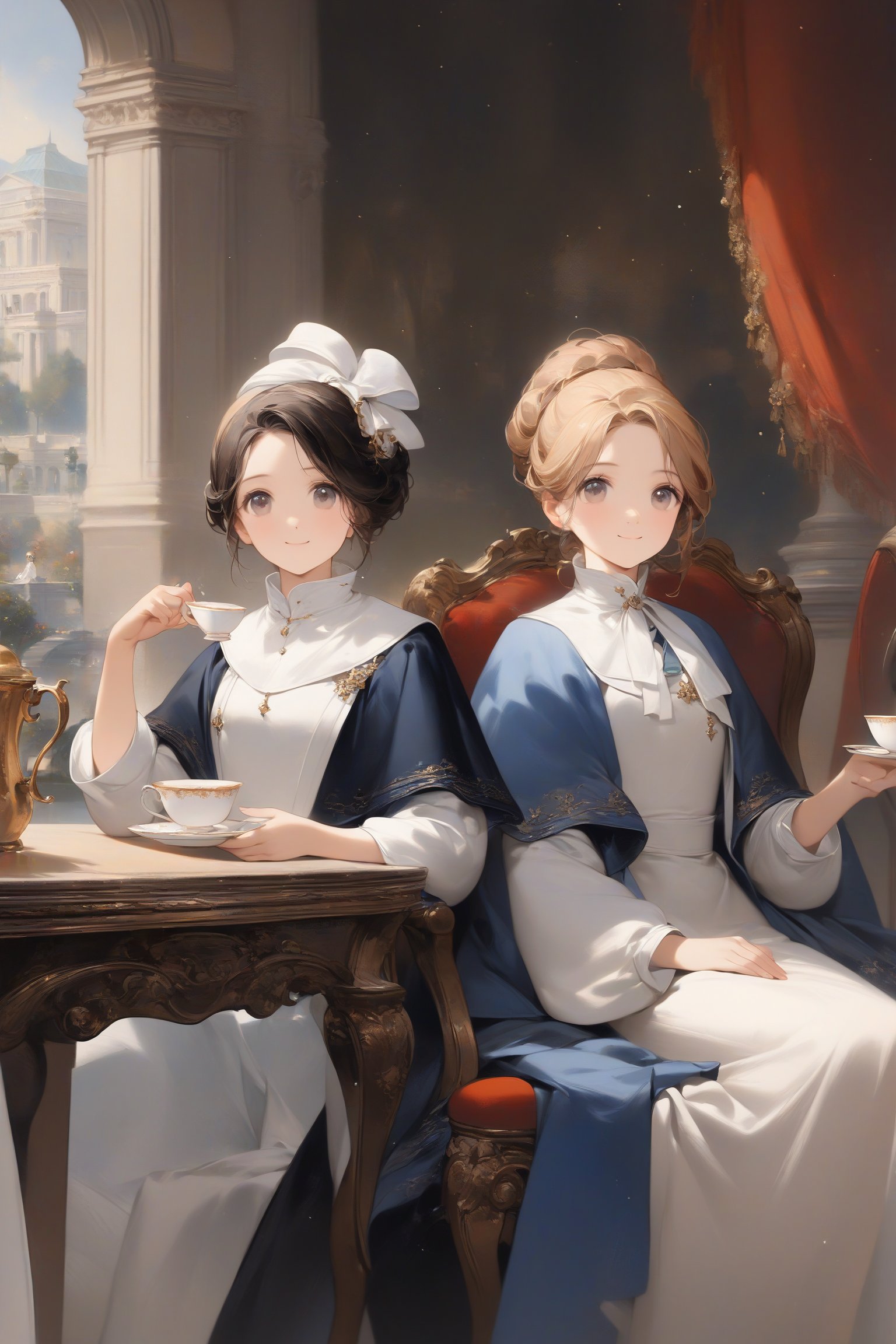 2girls, multiple girls, two girls having tea, fine art parody, oil painting style, masterpiece quality, looking at viewer, smiling, upper body, white aristocrat outfit, full body, sitting in chair, table, teacup, palace's garden in background, close up, stunning image, light particles.