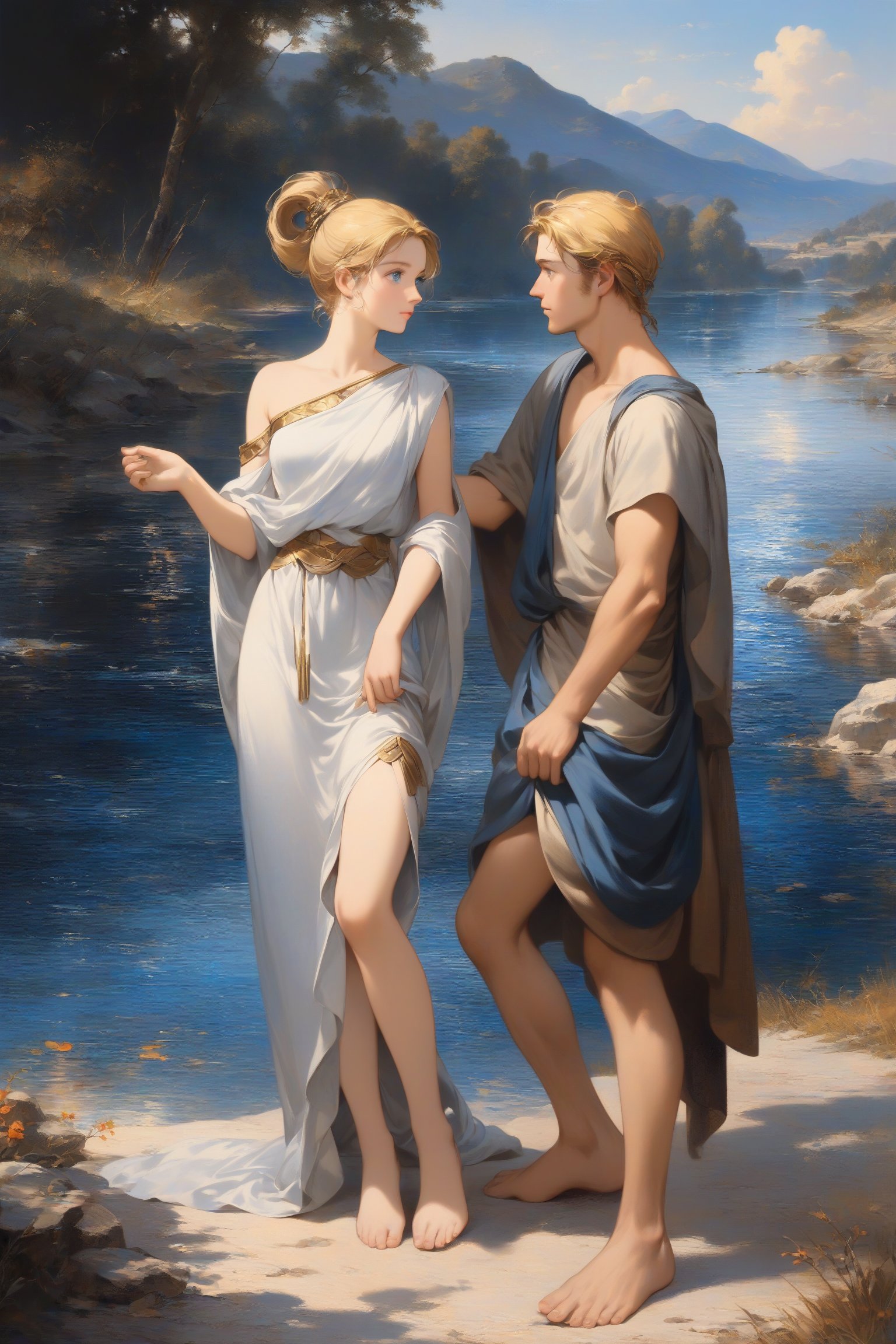 1girl, 1boy, Ancient Greek clothing, Discussing among all, fine art parody, blonde hair, blue eyes, oil painting style, masterpiece quality, full body, river in background, close up, stunning image, light particles.