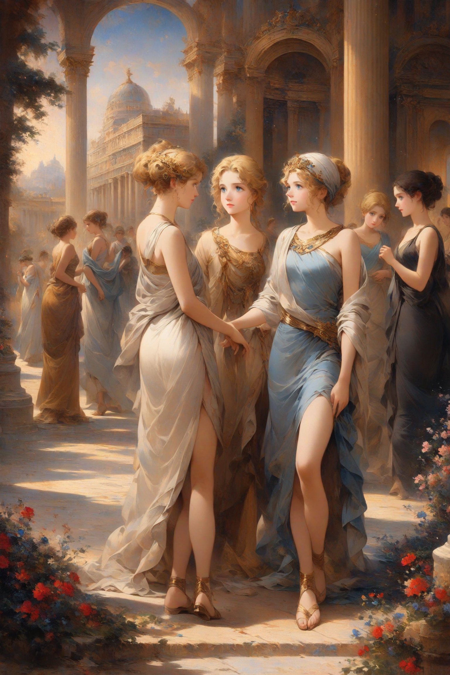 Multiple girls, Ancient Greek clothing, Discussing among all, fine art parody, blonde hair, blue eyes, oil painting style, masterpiece quality, full body, palace's garden in background, close up, stunning image, light particles.,Fine art parody,Oil painting style