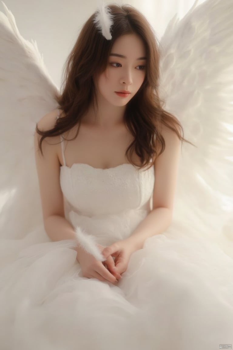 1girl, solo, long hair, brown hair, dress, brown eyes, sitting, wings, white dress, lips, feathers, realistic