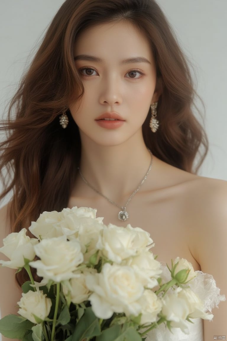 1girl, solo, long hair, brown hair, holding, bare shoulders, brown eyes, jewelry, upper body, flower, earrings, parted lips, lips, wavy hair, white flower, bouquet, realistic, white rose, holding bouquet