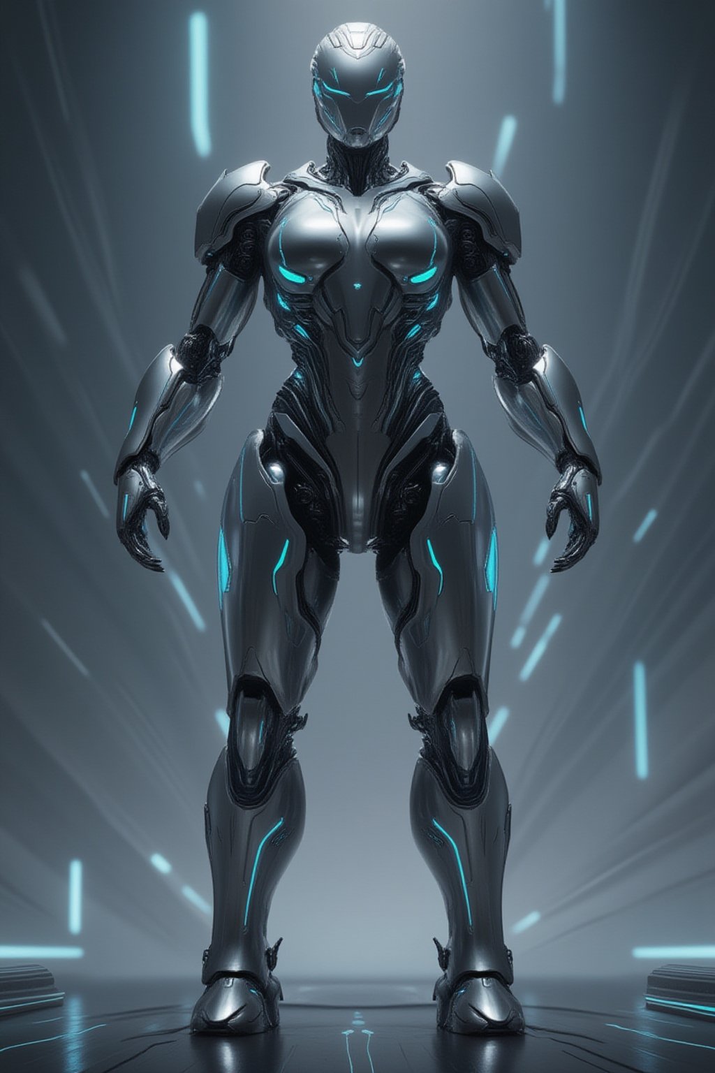 FuturEvoLabGiant, full body, solo, mecha, standing solo in a powerful pose. The design is sleek and advanced, with a combination of metallic armor plates and glowing energy conduits running through the suit. The mecha features intricate mechanical details, with reinforced limbs, glowing joints, and sharp angular components. The color scheme includes metallic silvers and grays, accented by vibrant neon blues or greens, emphasizing the futuristic and high-tech feel. The character stands confidently, exuding strength and agility, with the background softly blurred to focus entirely on the mecha’s impressive build. The overall design should evoke a sense of power, cutting-edge technology, and elegance, blending form and function seamlessly,