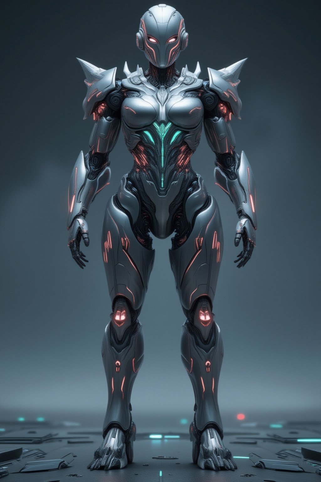 FuturEvoLabGiant, full body, solo, mecha, standing solo in a powerful pose. The design is sleek and advanced, with a combination of metallic armor plates and glowing energy conduits running through the suit. The mecha features intricate mechanical details, with reinforced limbs, glowing joints, and sharp angular components. The color scheme includes metallic silvers and grays, accented by vibrant neon blues or greens, emphasizing the futuristic and high-tech feel. The character stands confidently, exuding strength and agility, with the background softly blurred to focus entirely on the mecha’s impressive build. The overall design should evoke a sense of power, cutting-edge technology, and elegance, blending form and function seamlessly,