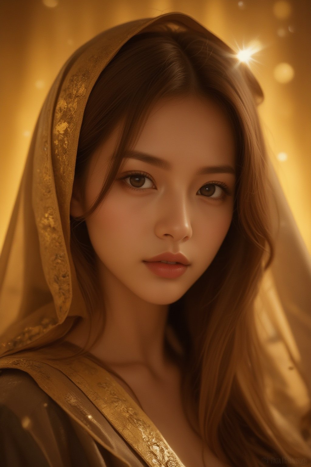 A portrait of a Byzantine style girl with golden background. (masterpiece, top quality, best quality, official art, beautiful and aesthetic:1.2), (1girl:1.4), portrait, extreme detailed, highest detailed, simple background, 16k, high resolution, perfect dynamic composition, bokeh, (sharp focus:1.2), super wide angle, high angle, high color contrast, medium shot, depth of field, blurry background,