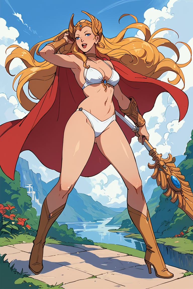 masterpiece, best quality, highly detailed, score_9, score_8_up, score_7_up, score_6_up, source_anime, BREAK, 1girl,  sheraxltest, very long hair, cartoon style, white bikini, golden hair, blue eyes, stronger woman, vambraces, boots with high heels, red cape, 