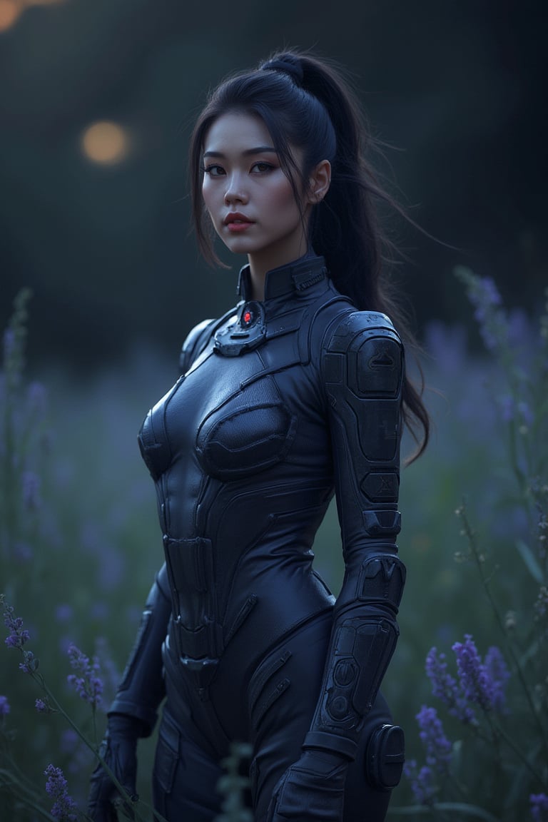  portrait of asian woman wearing sci_fic futuristic clothes in black flower field, night, professional photo