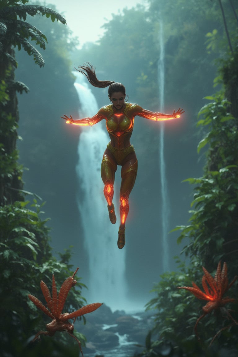 A dynamic shot of a Brazilian woman in a vibrant sci_fic combat suit, leaping mid-air over a waterfall in a futuristic jungle, her arms extended, captured against the bioluminescent plants below.